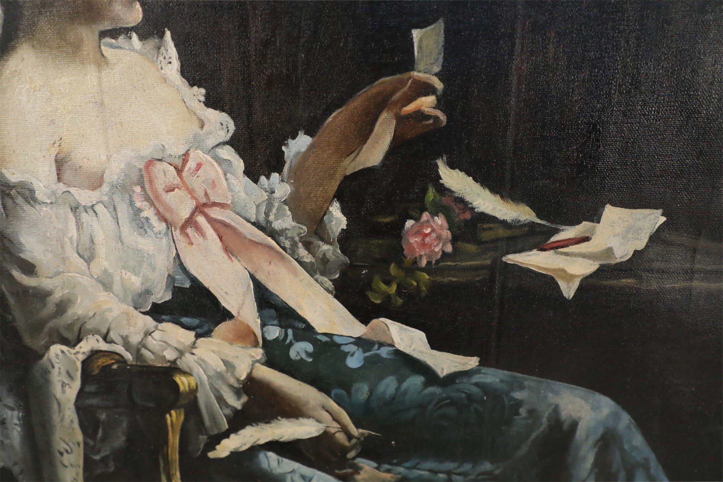 Mid-Century Modern Peinture à l'huile sur toile vintage - Femme victorienne au bureau en vente