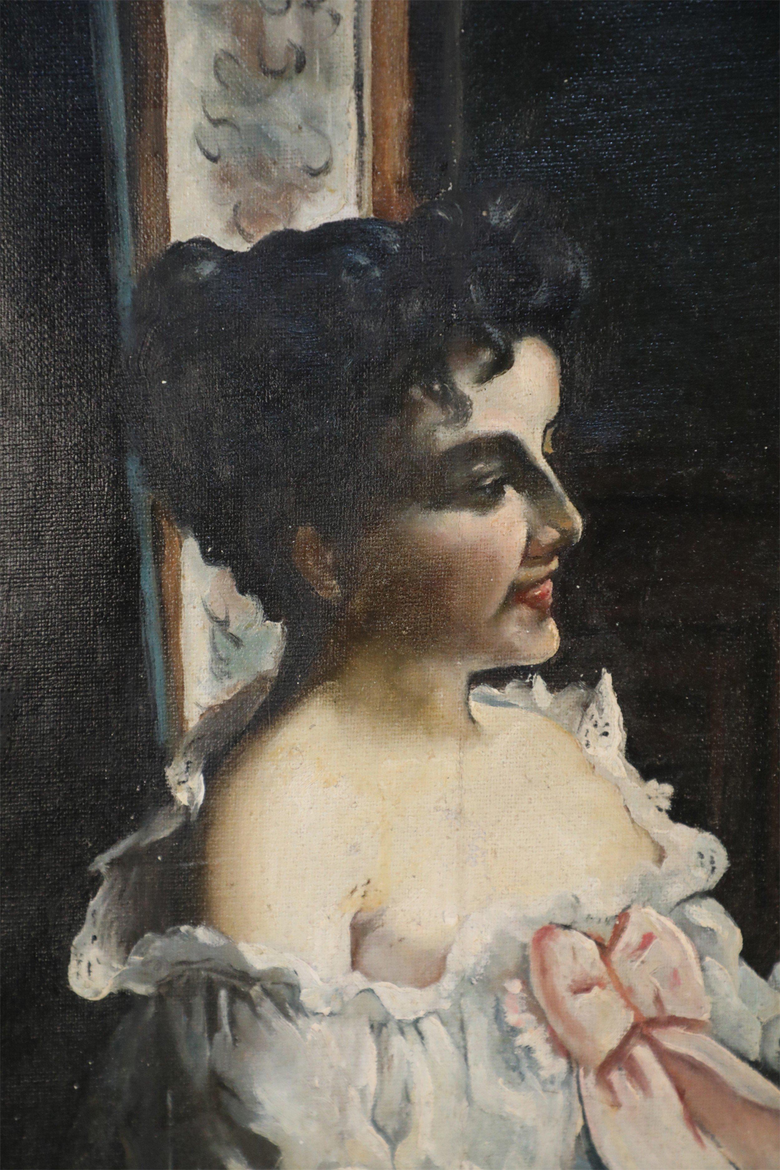 Vintage viktorianische Frau am Schreibtisch Ölgemälde auf Leinwand (Moderne der Mitte des Jahrhunderts) im Angebot