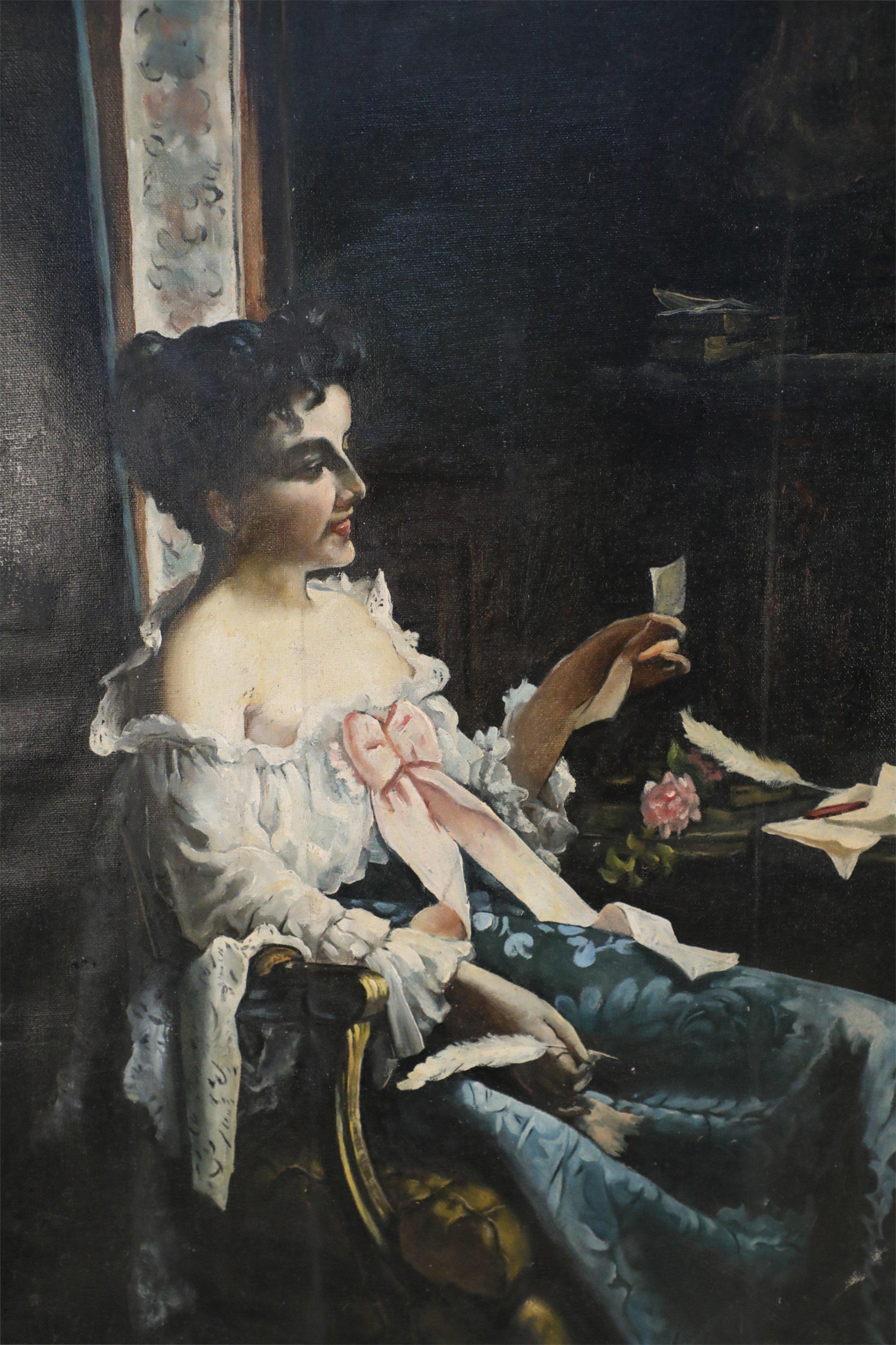 20th Century Vintage Victorian Woman at Desk Oil Painting on Canvas For Sale