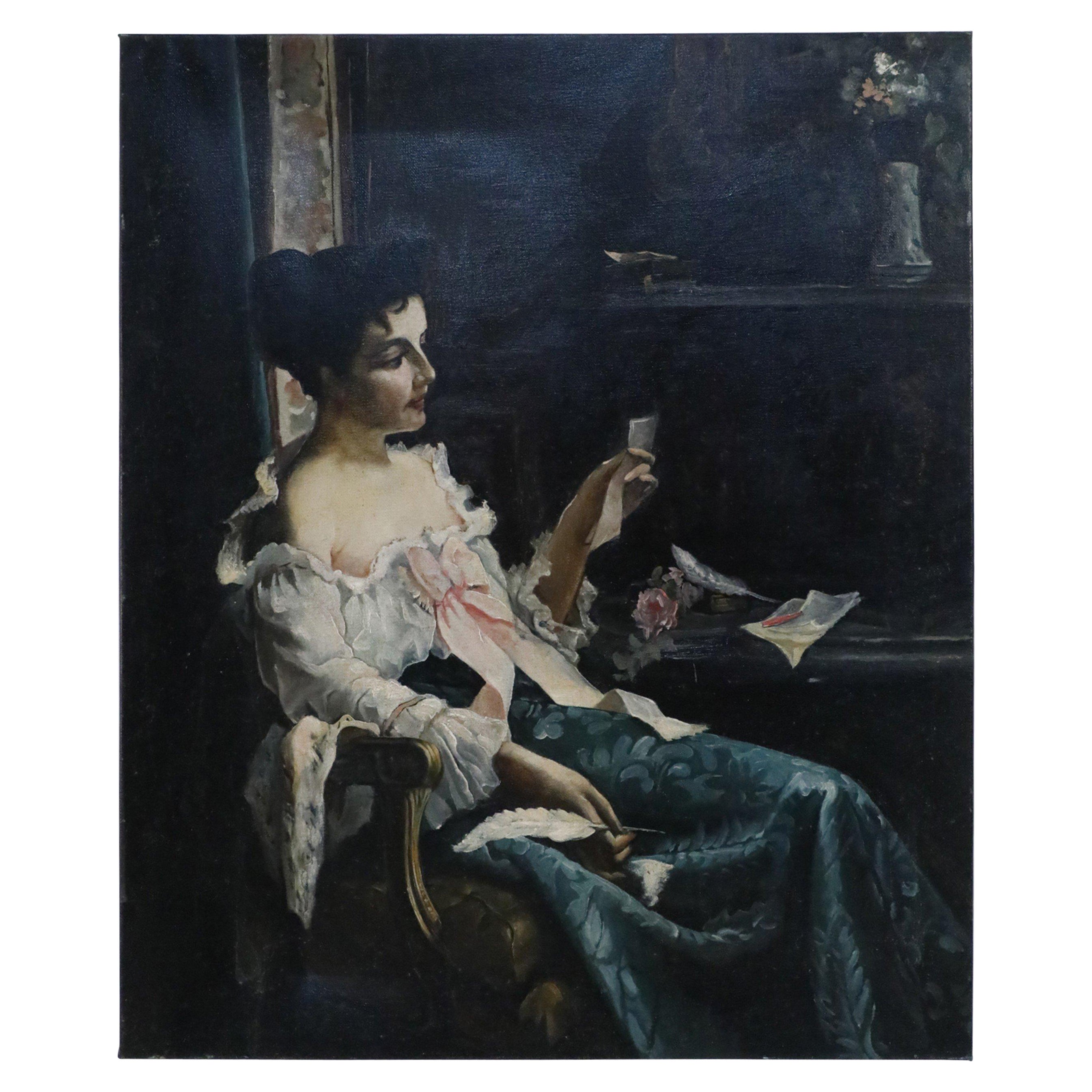 Viktorianische Frau am Schreibtisch, Ölgemälde auf Leinwand, Vintage im Angebot