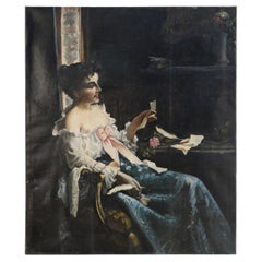 Vintage viktorianische Frau am Schreibtisch Ölgemälde auf Leinwand