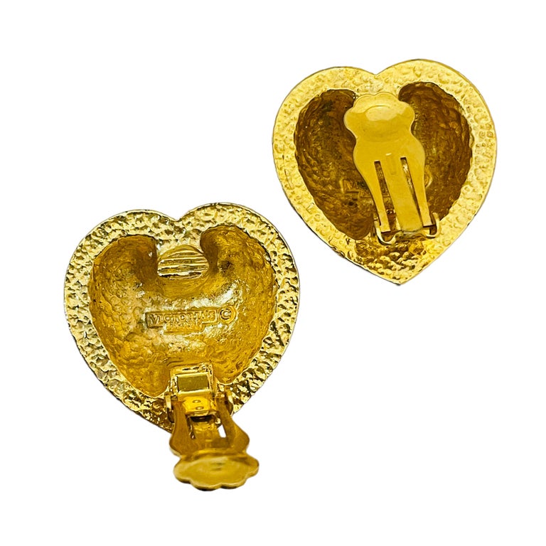 Vintage VICTORIAS SECRET gold red enamel heart designer runway clip on earrings For Sale at 1stDibs