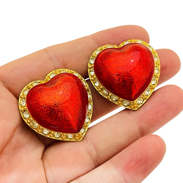 Vintage VICTORIAS SECRET gold red enamel heart designer runway clip on earrings For Sale at 1stDibs