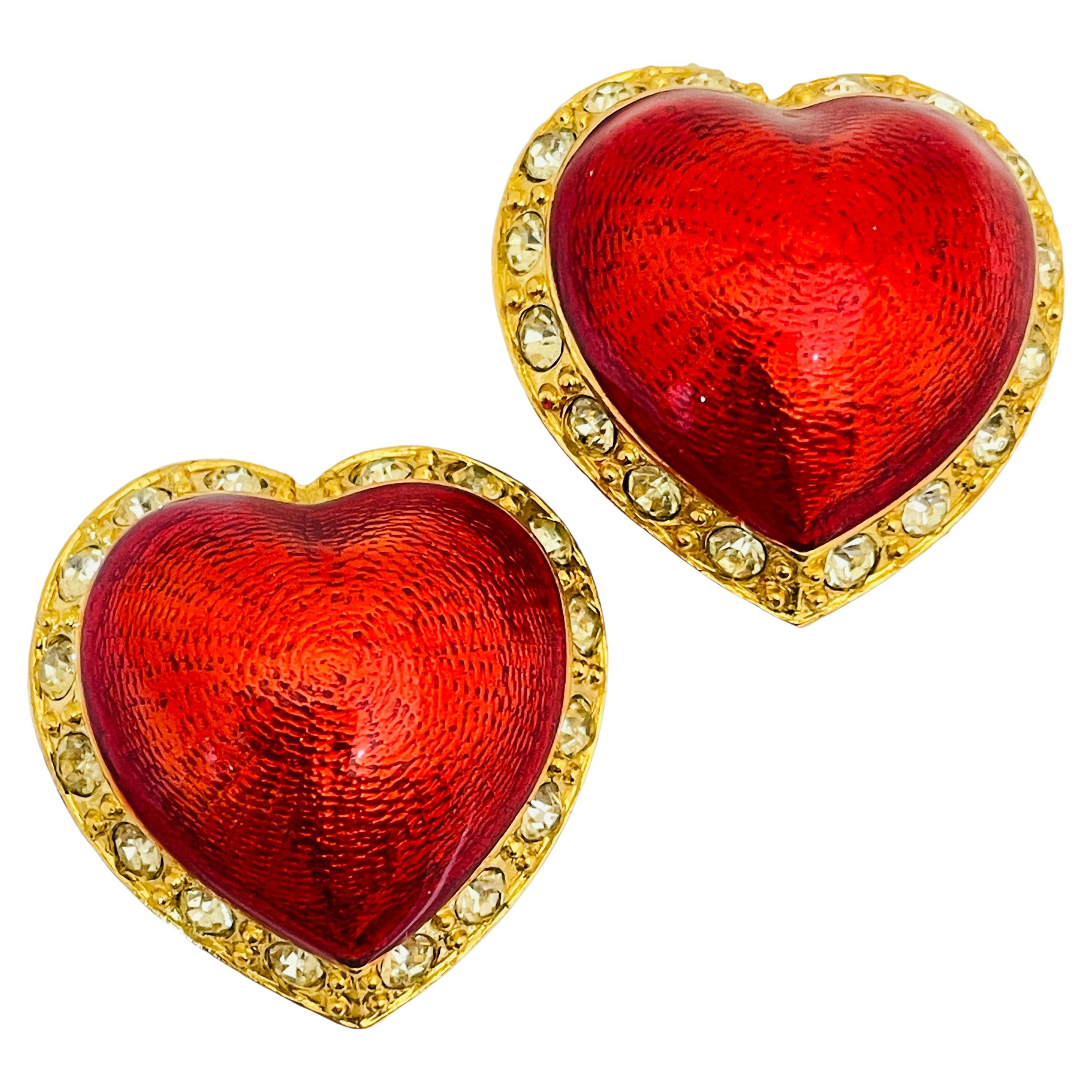 Vintage VICTORIAS SECRET gold red enamel heart designer runway clip on earrings For Sale