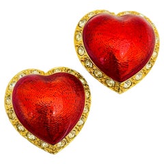 Vintage VICTORIAS SECRET gold red enamel heart designer runway clip on earrings