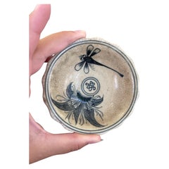 Vintage Vietnamese Ceramic Tea Bowl with Hand-Painted Dragonfly.