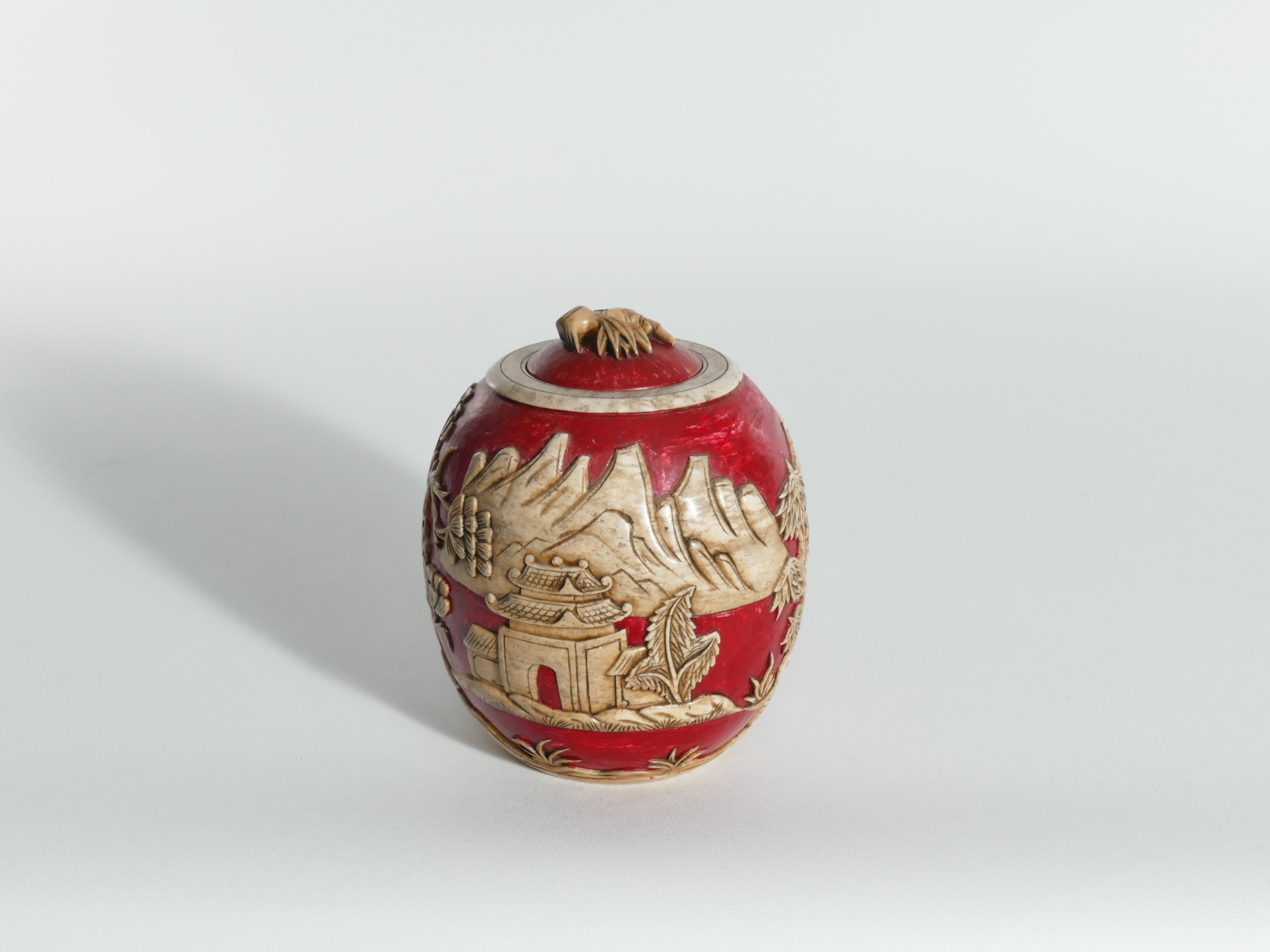 Vintage Vietnamese Red Hand Carved Soapstone Lidded Jar For Sale 5