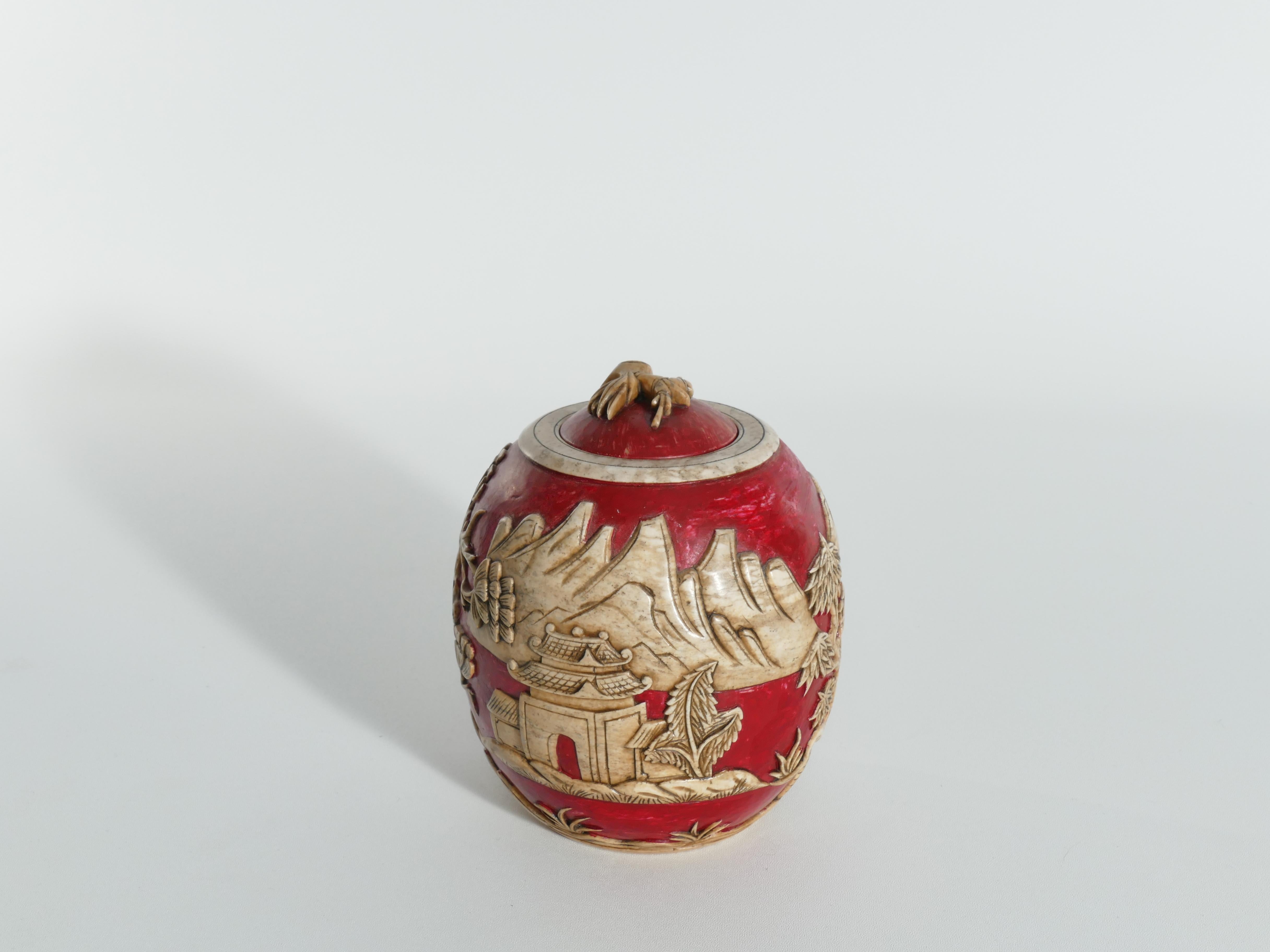 Vintage Vietnamese Red Hand Carved Soapstone Lidded Jar For Sale 6