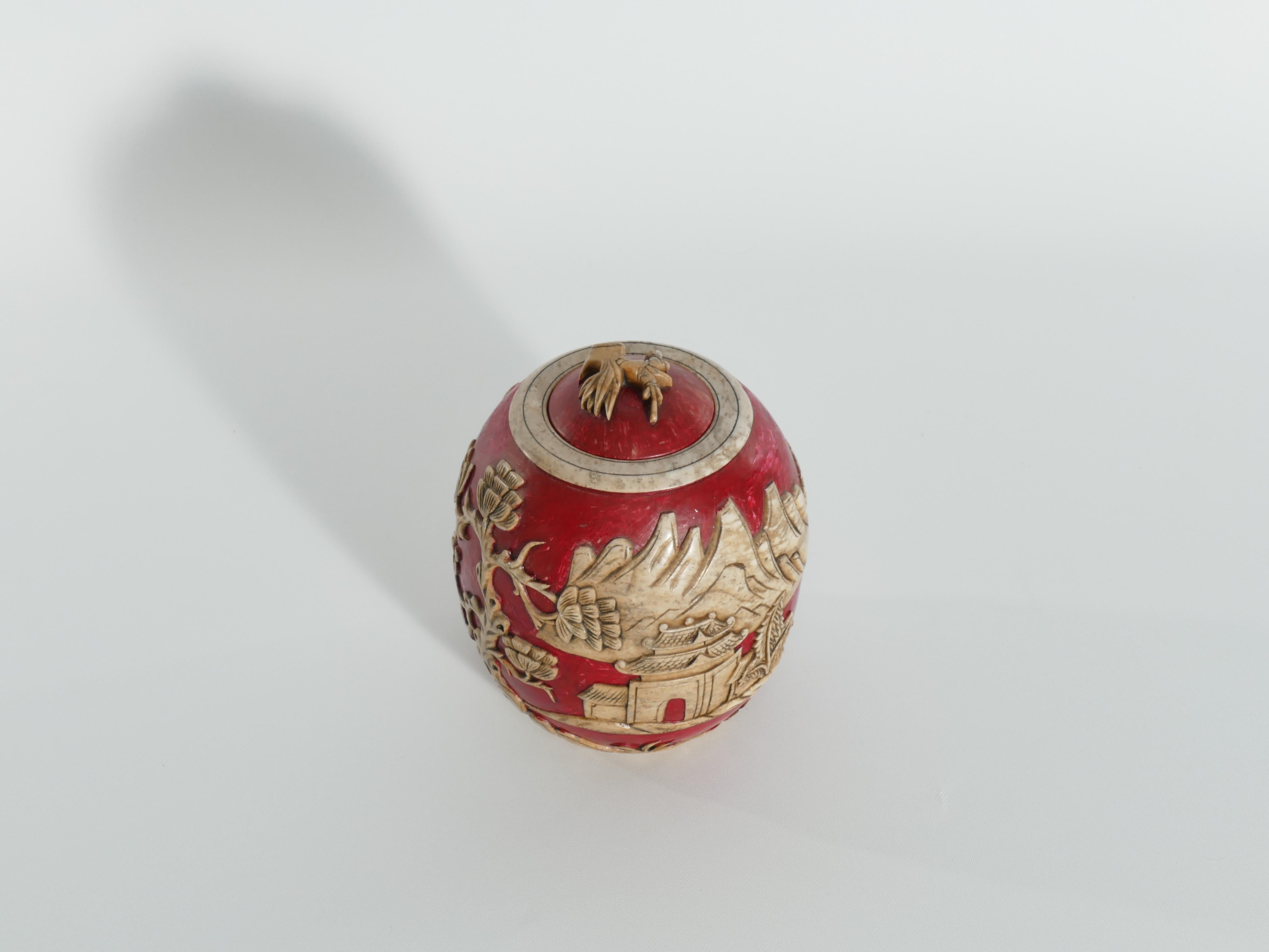 Vintage Vietnamese Red Hand Carved Soapstone Lidded Jar For Sale 11
