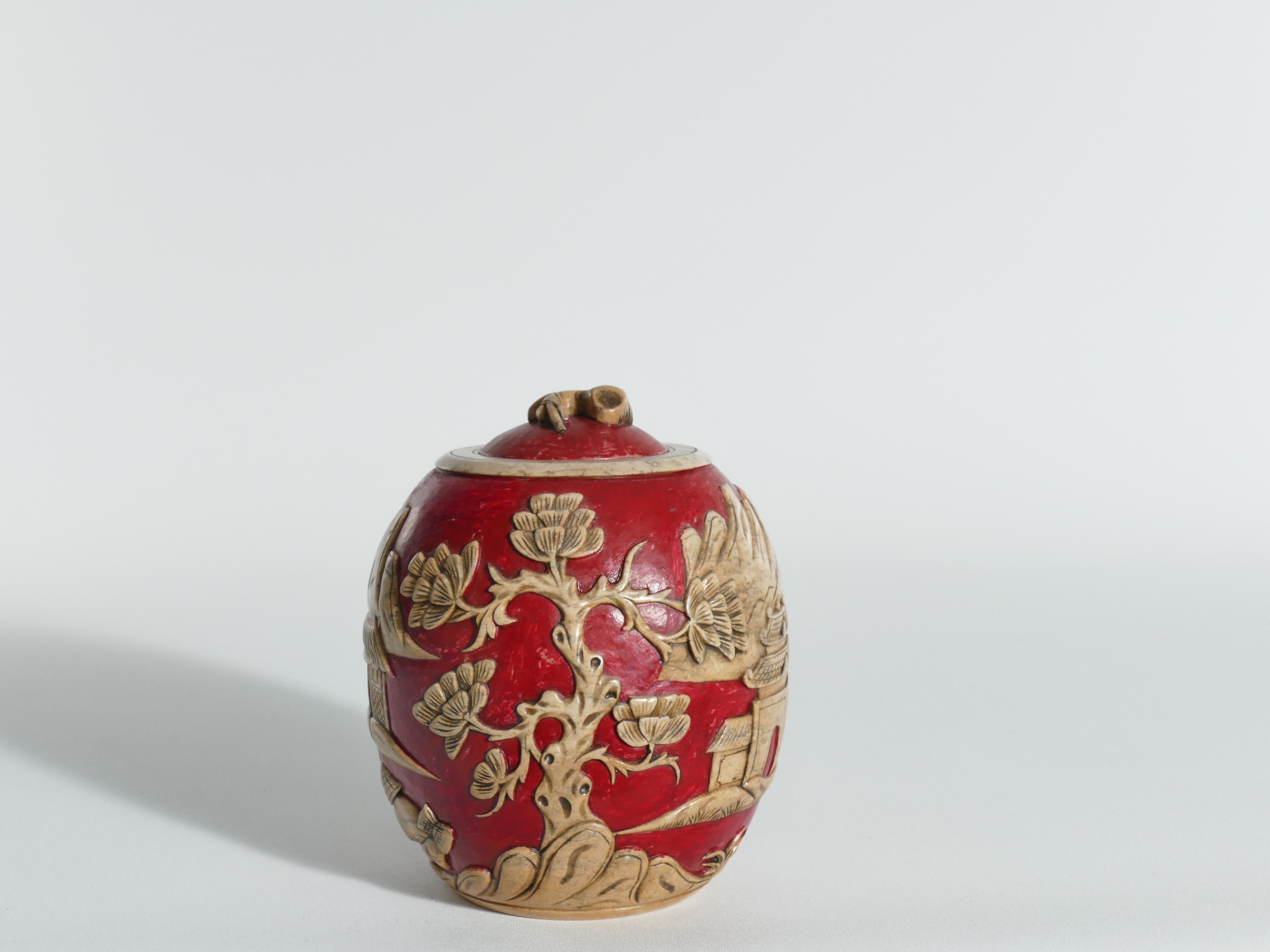 20th Century Vintage Vietnamese Red Hand Carved Soapstone Lidded Jar For Sale