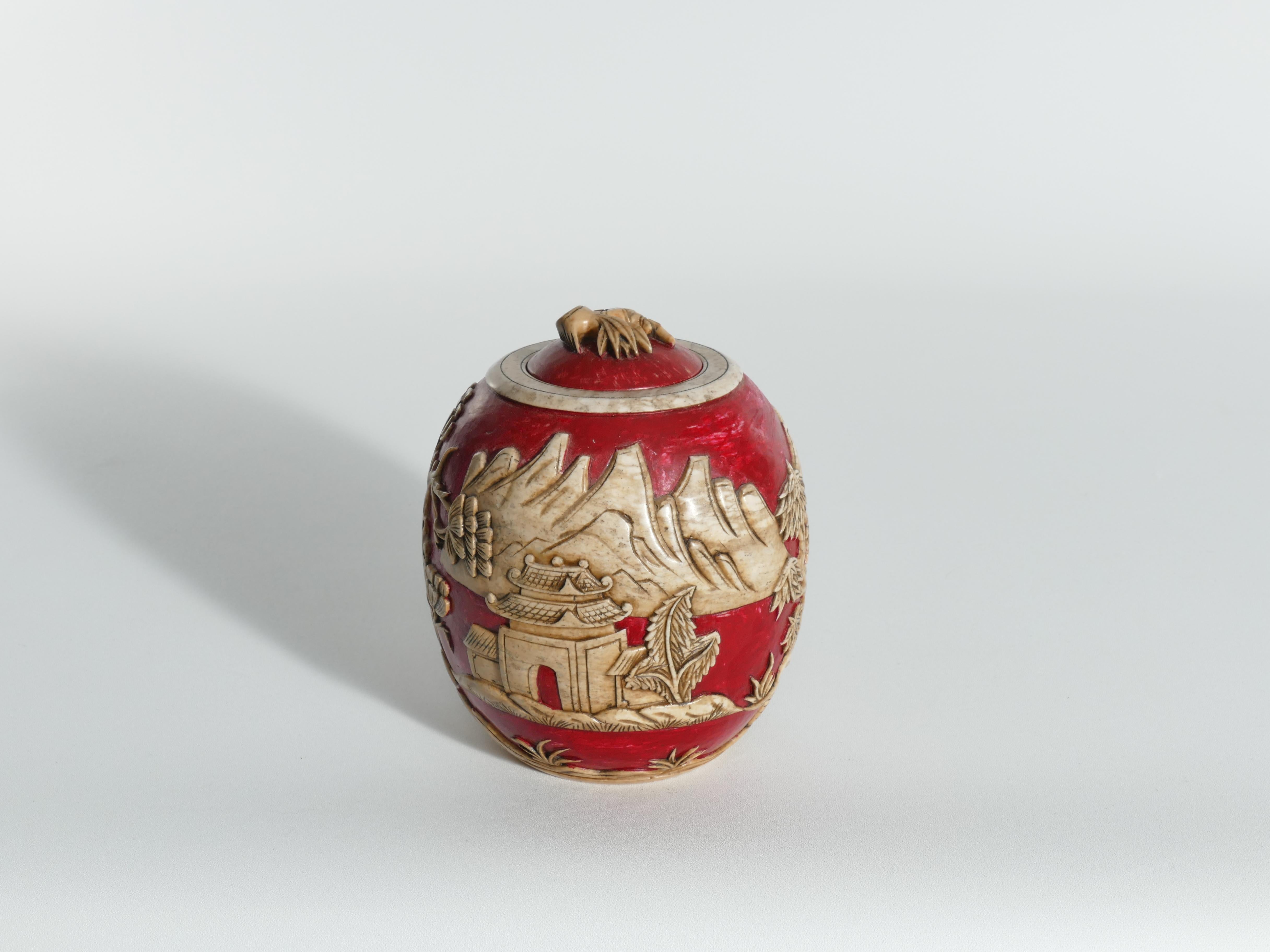 Vintage Vietnamese Red Hand Carved Soapstone Lidded Jar For Sale 4