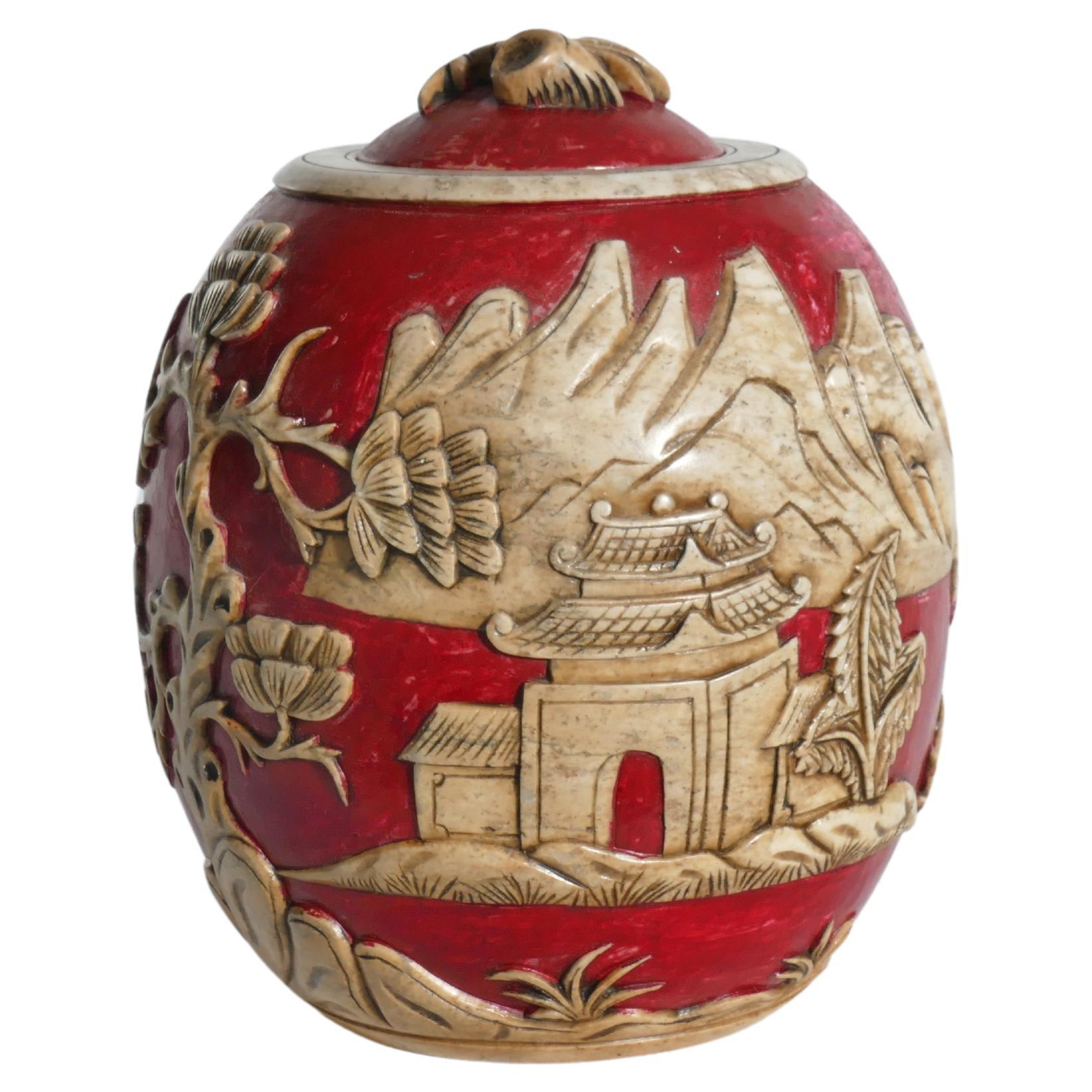 Vintage Vietnamese Red Hand Carved Soapstone Lidded Jar