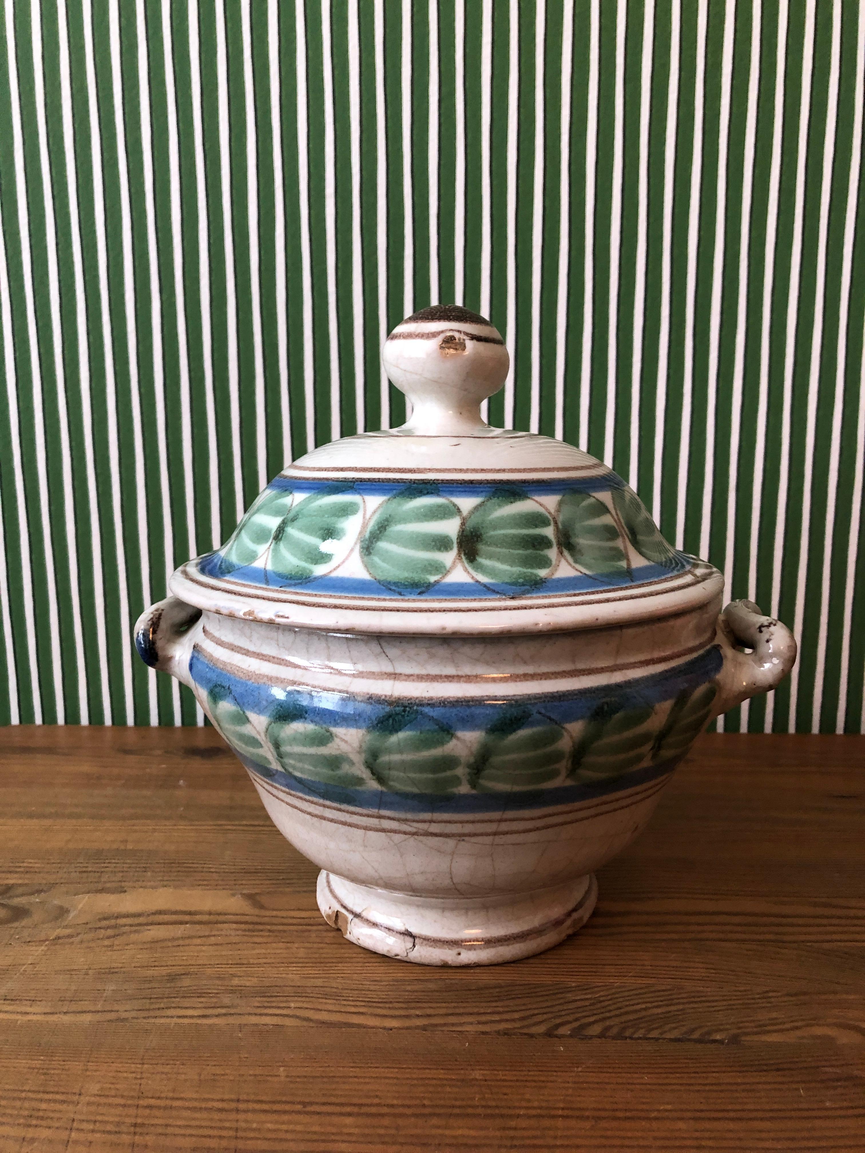 Italian Vintage Vietri Ceramic Tureen with Blue and Green Glace, Italy Late 19th Century