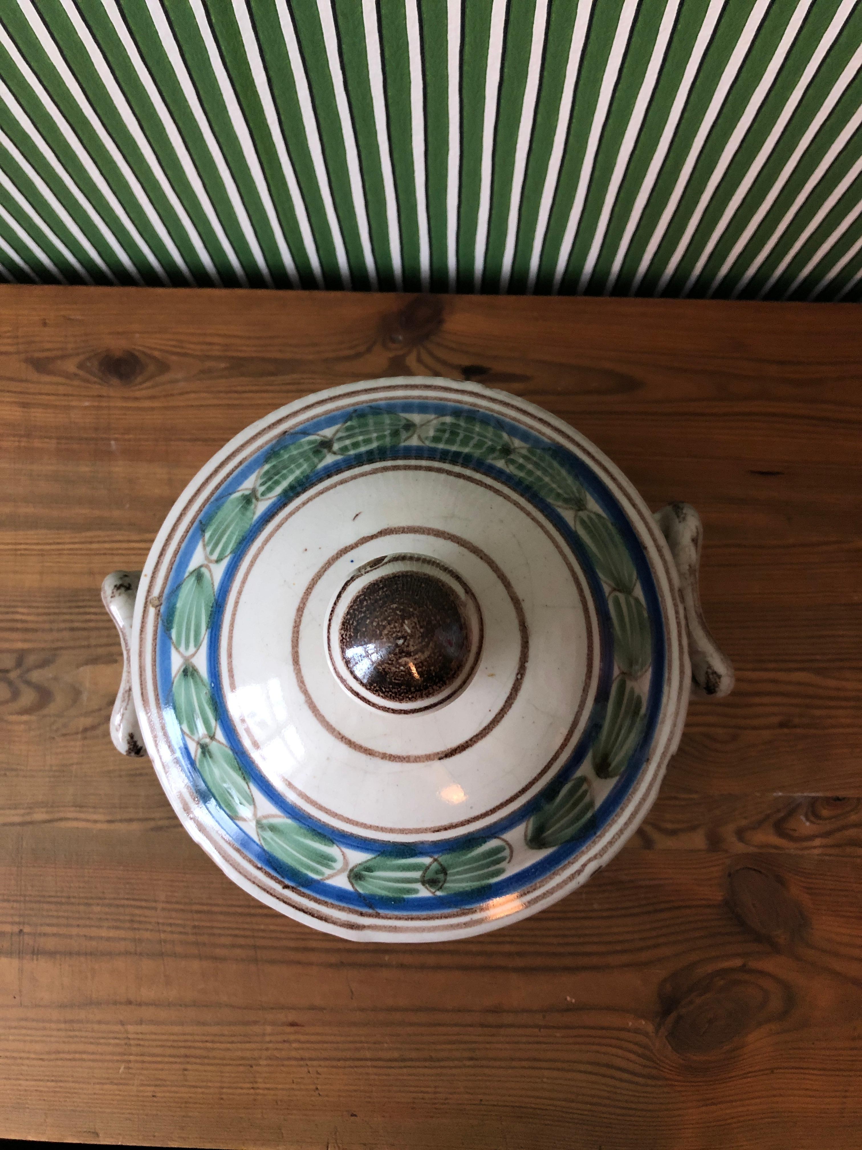 Vintage Vietri Ceramic Tureen with Blue and Green Glace, Italy Late 19th Century 1