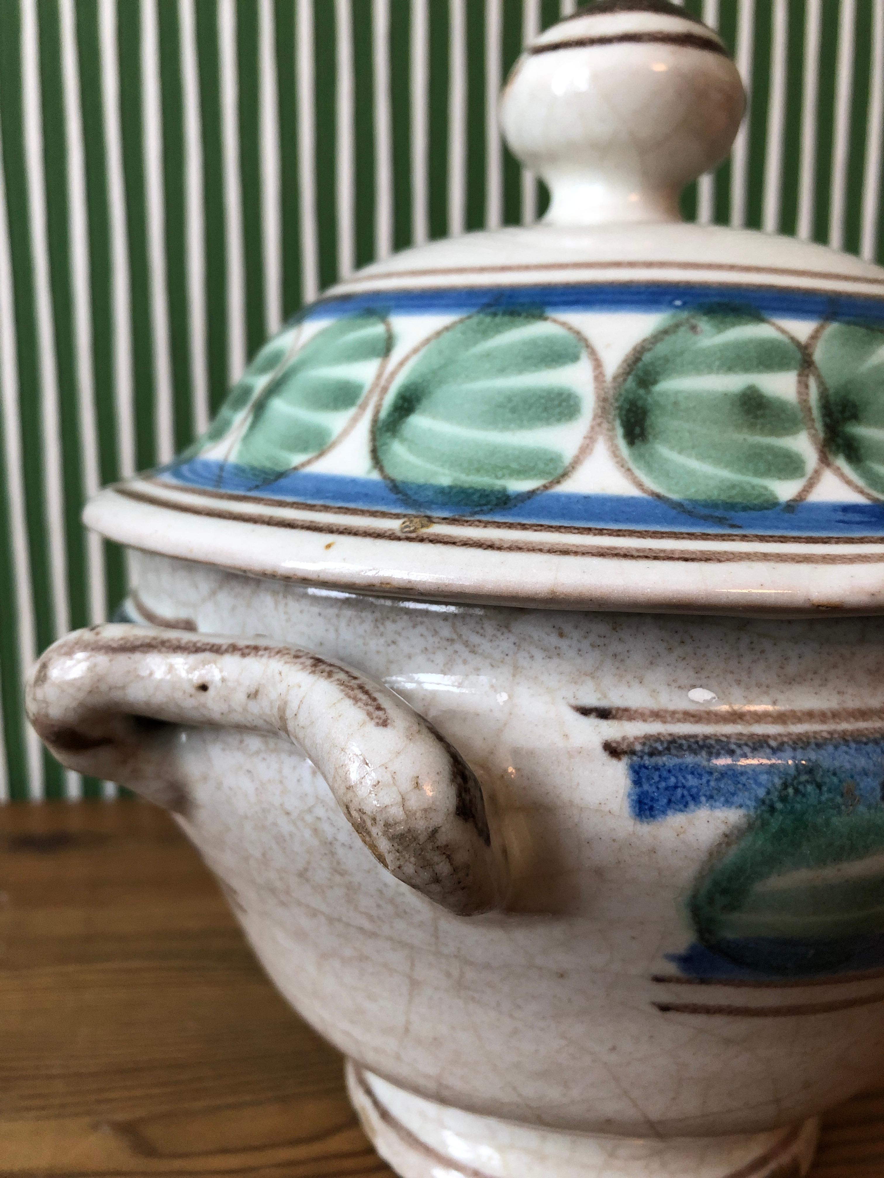Vintage Vietri Ceramic Tureen with Blue and Green Glace, Italy Late 19th Century 4