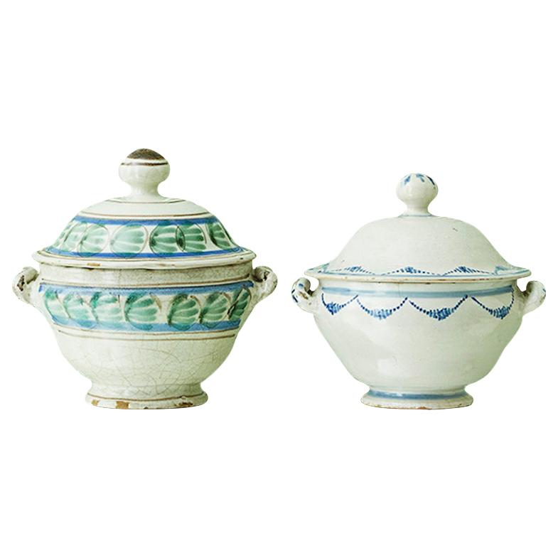 Vintage Vietri Ceramic Tureen with Blue and Green Glace, Italy Late 19th Century