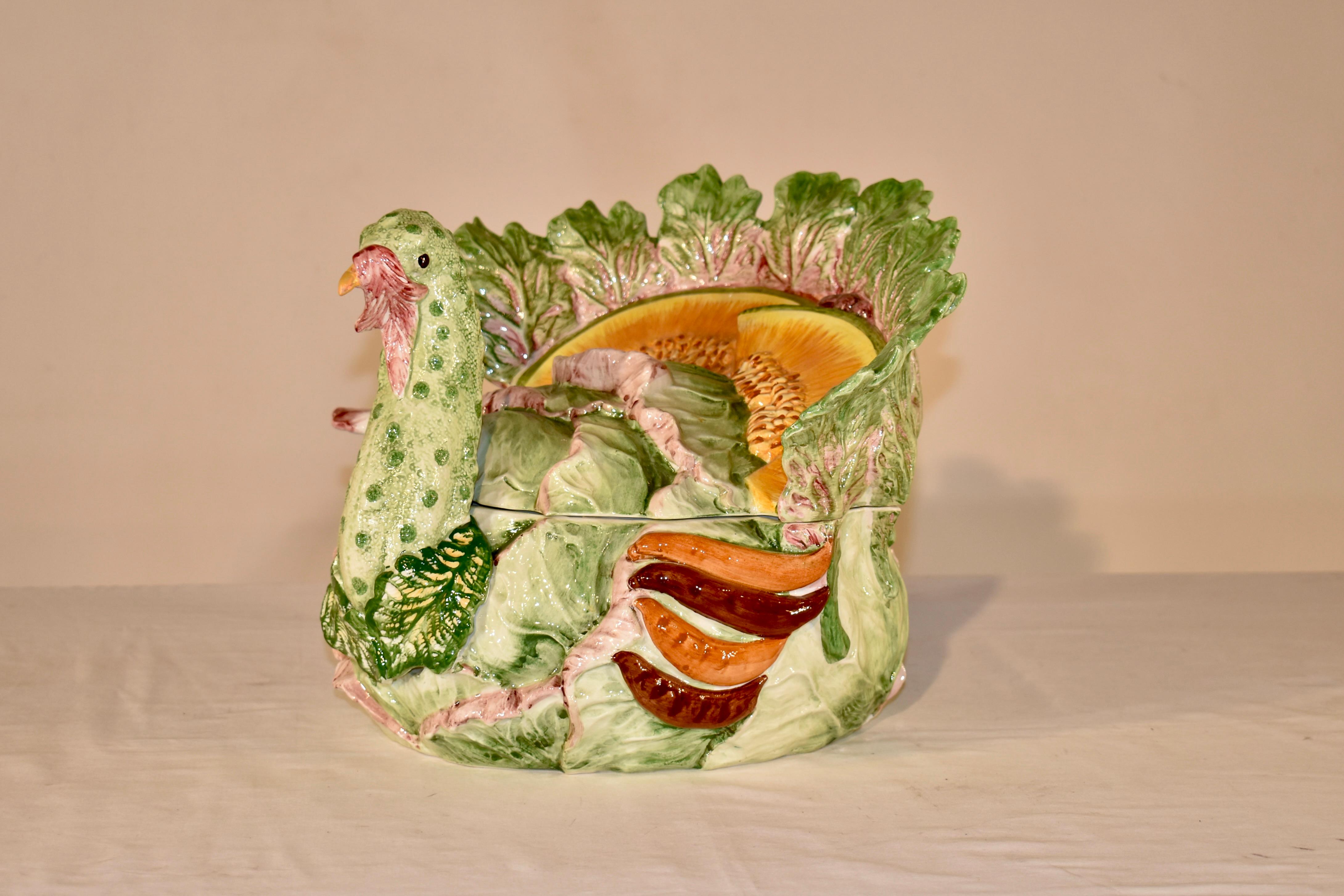 Discontinued Vietri large turkey tureen with ladle.  The turkey is made up of vegetables - cabbage and cantaloupe, peppers, etc.  This is such an interesting piece of ceramic art, which can be functional or just be used as a centerpiece.  This piece