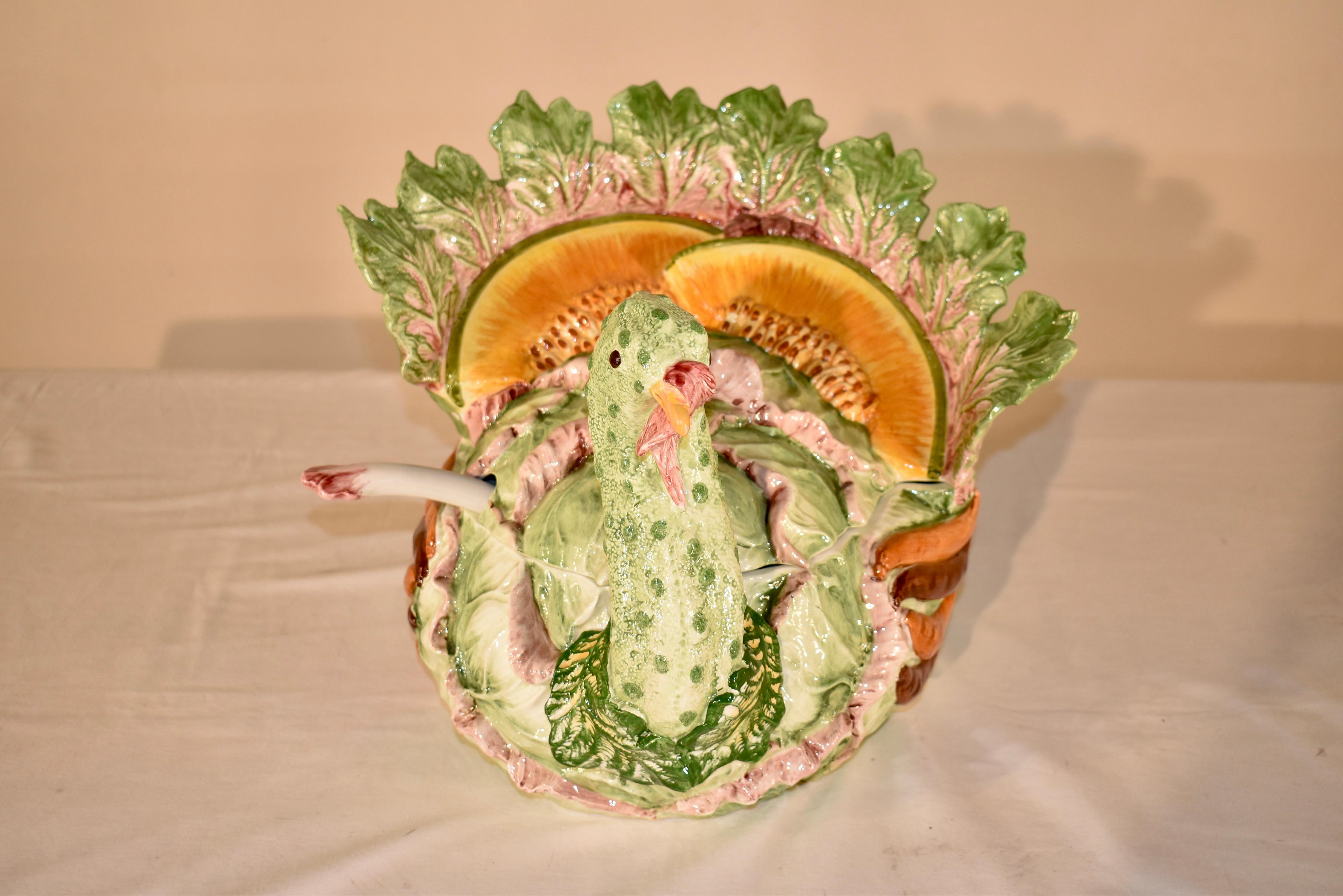 Hand-Painted Vintage Vietri Turkey Soup Tureen and Ladle For Sale