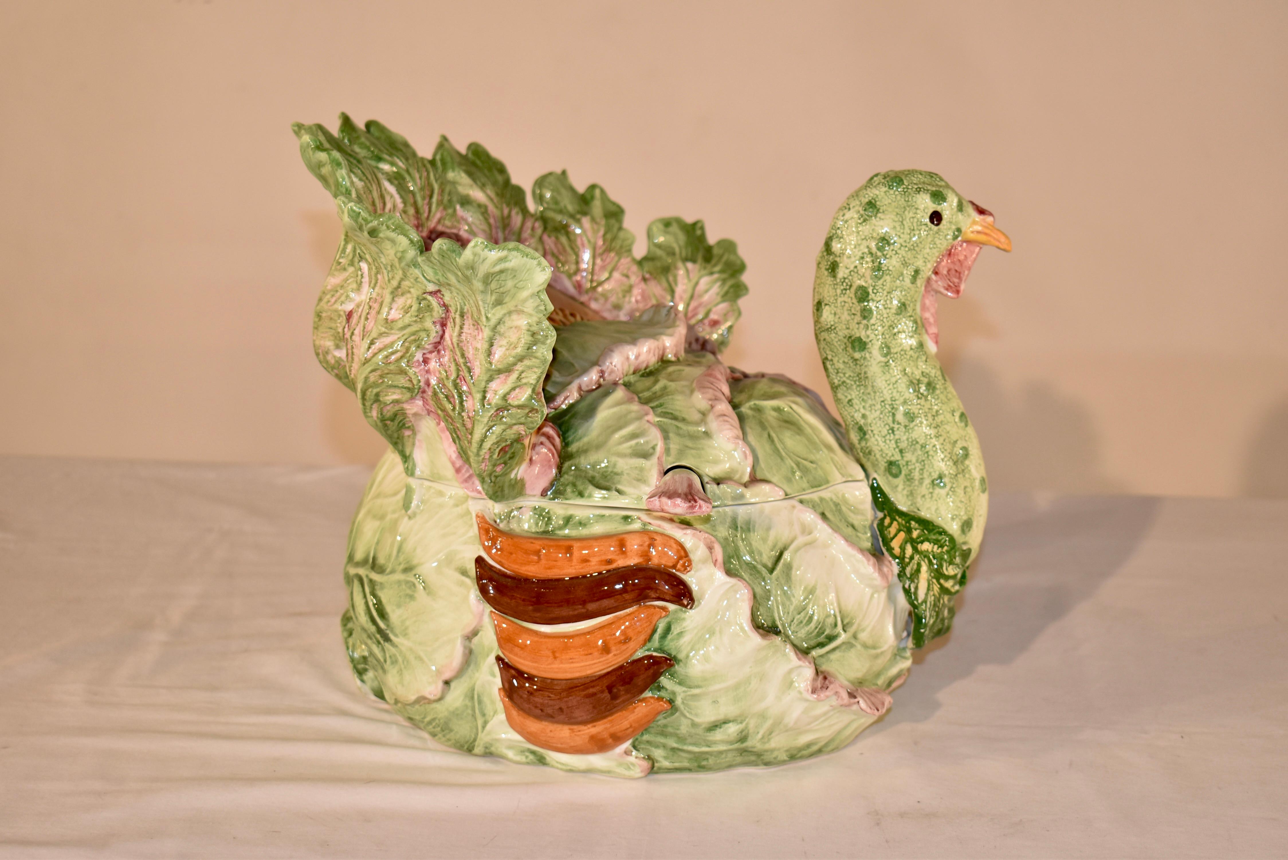 Hand-Painted Vintage Vietri Turkey Soup Tureen and Ladle For Sale