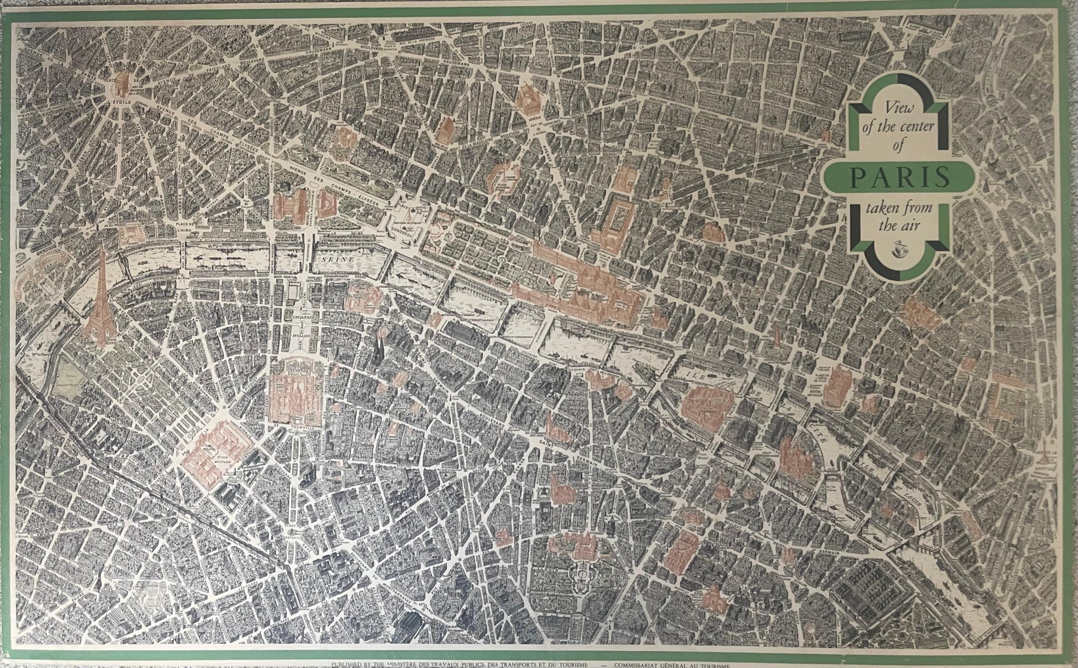 Français Carte lithographique vintage « View of the Center of Paris Taken from the Air » en vente