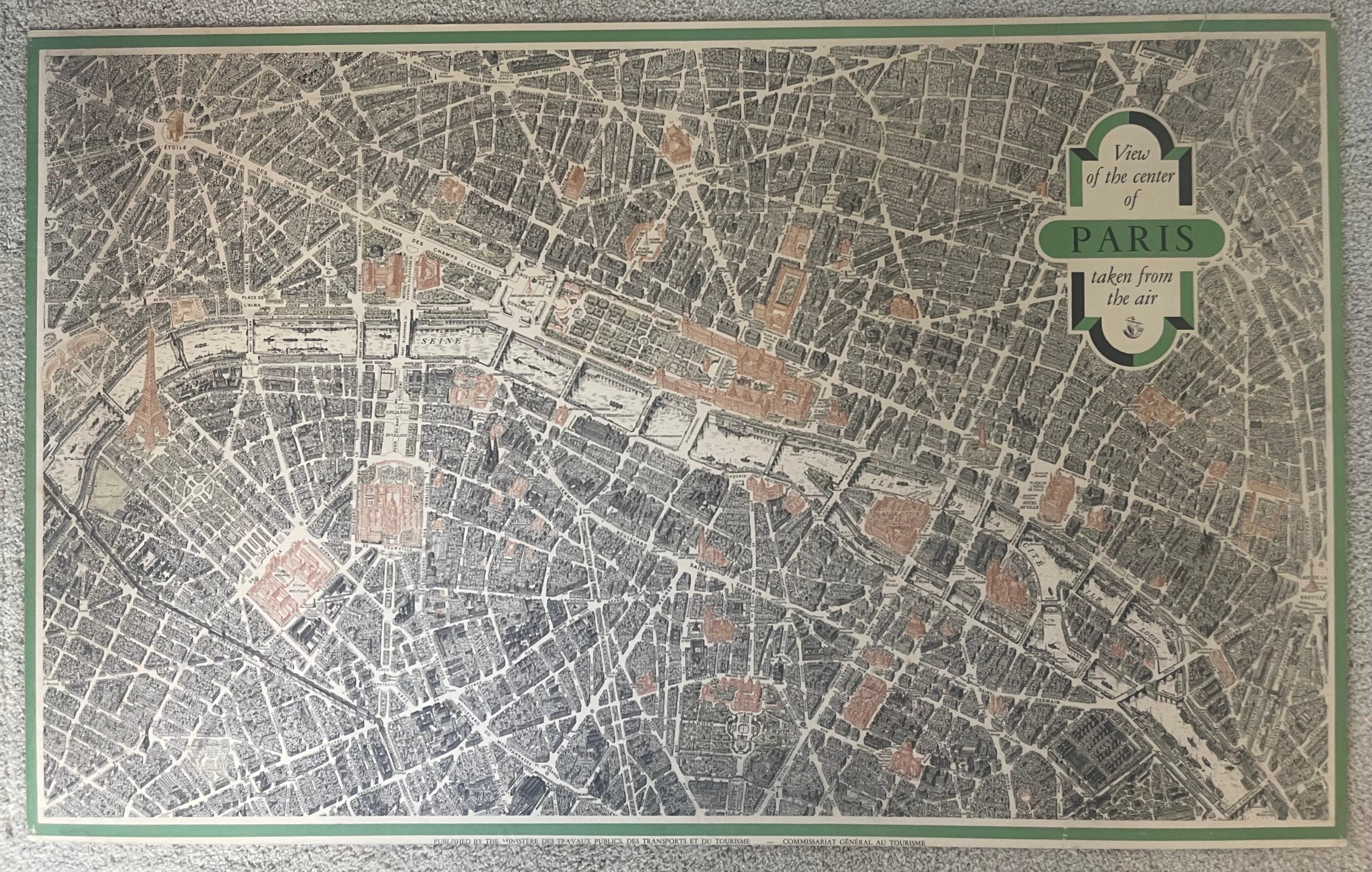 Carte lithographique vintage « View of the Center of Paris Taken from the Air » Bon état - En vente à San Diego, CA