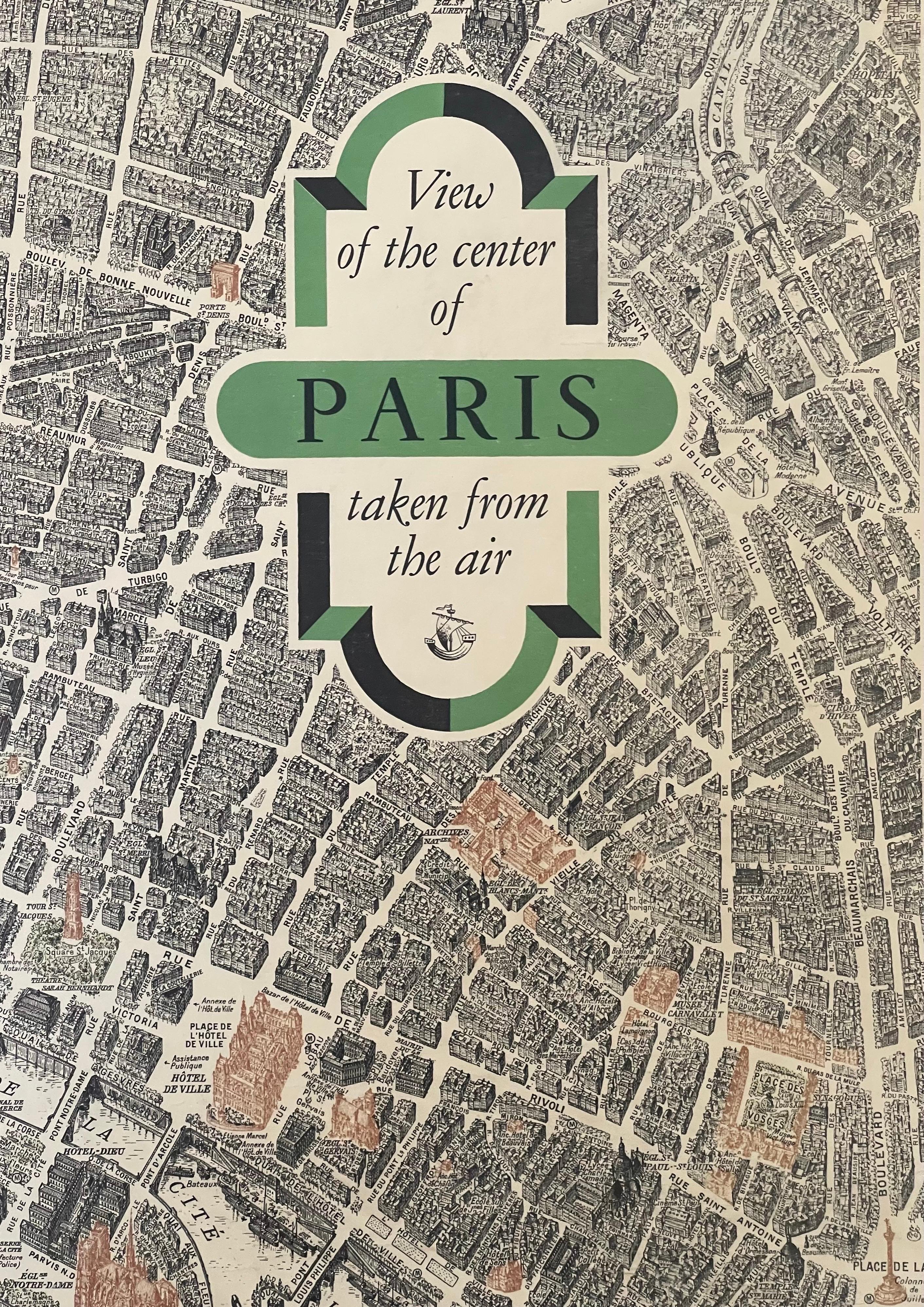 20ième siècle Carte lithographique vintage « View of the Center of Paris Taken from the Air » en vente