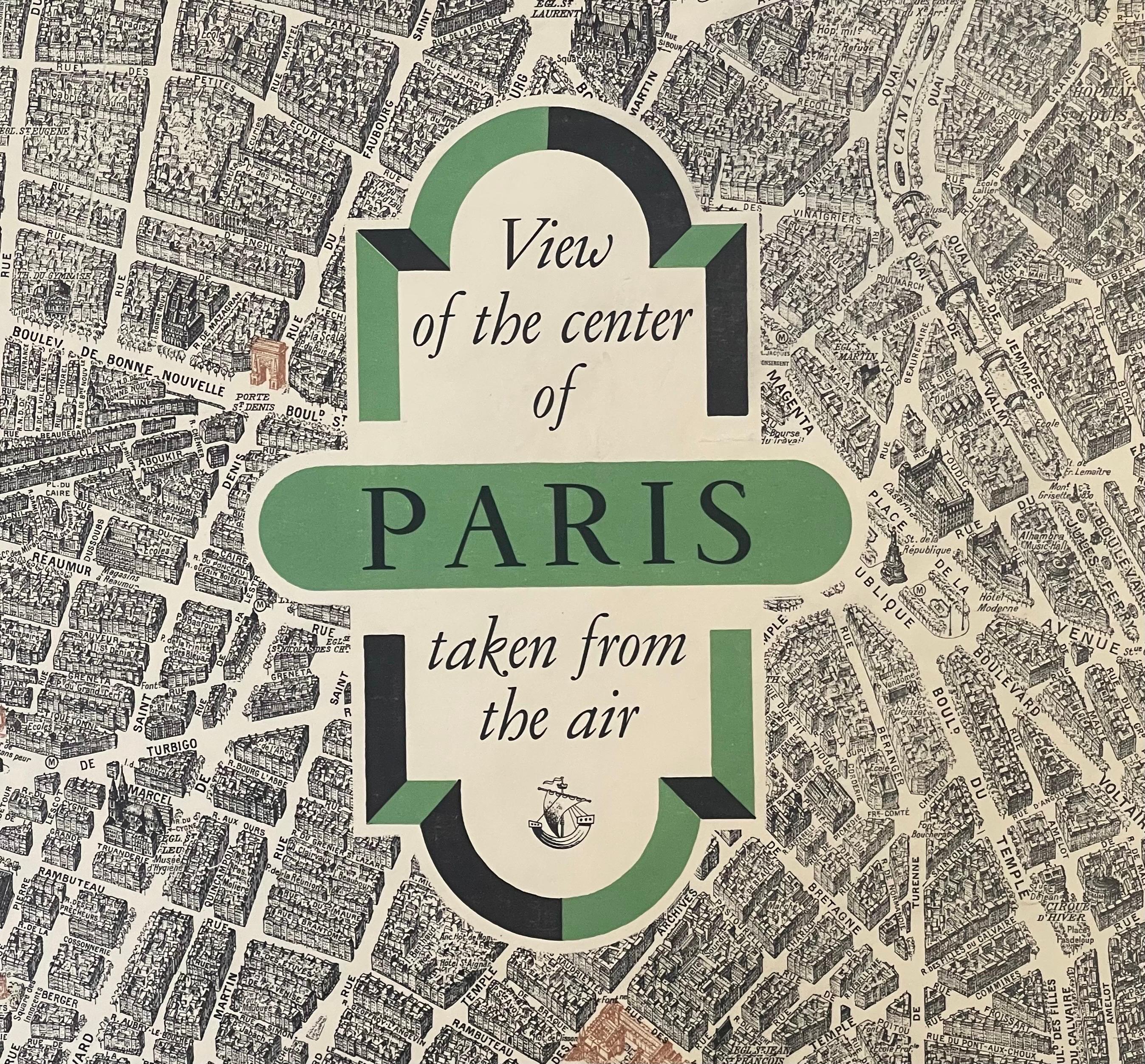 Papier Carte lithographique vintage « View of the Center of Paris Taken from the Air » en vente
