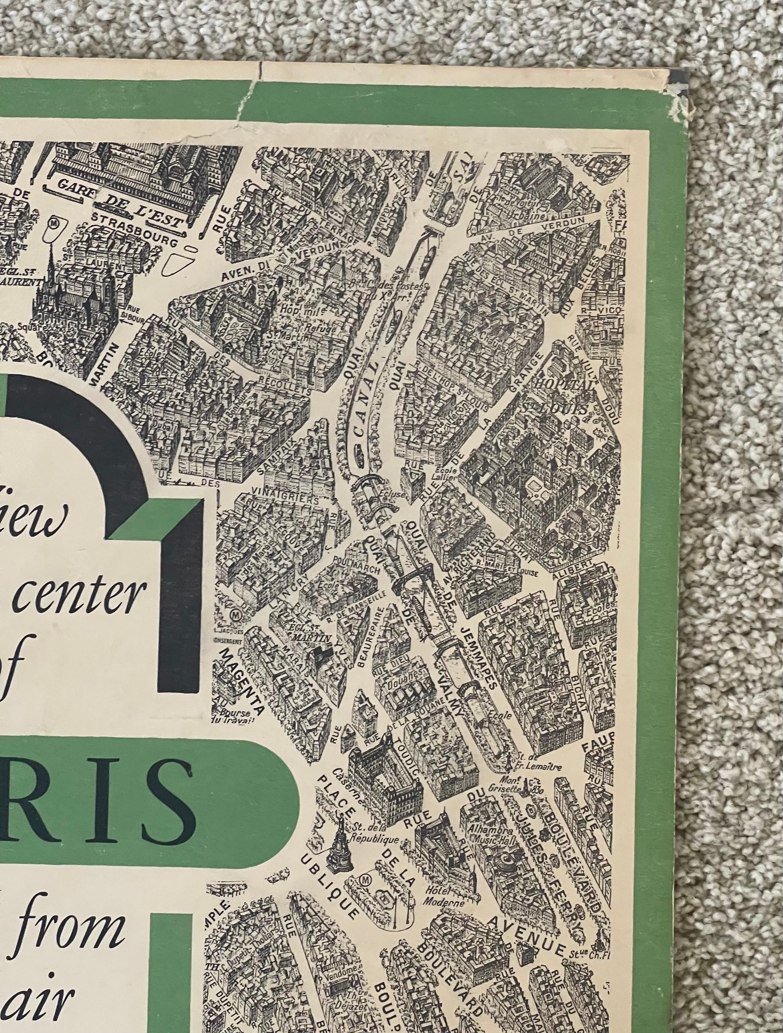 Carte lithographique vintage « View of the Center of Paris Taken from the Air » en vente 2