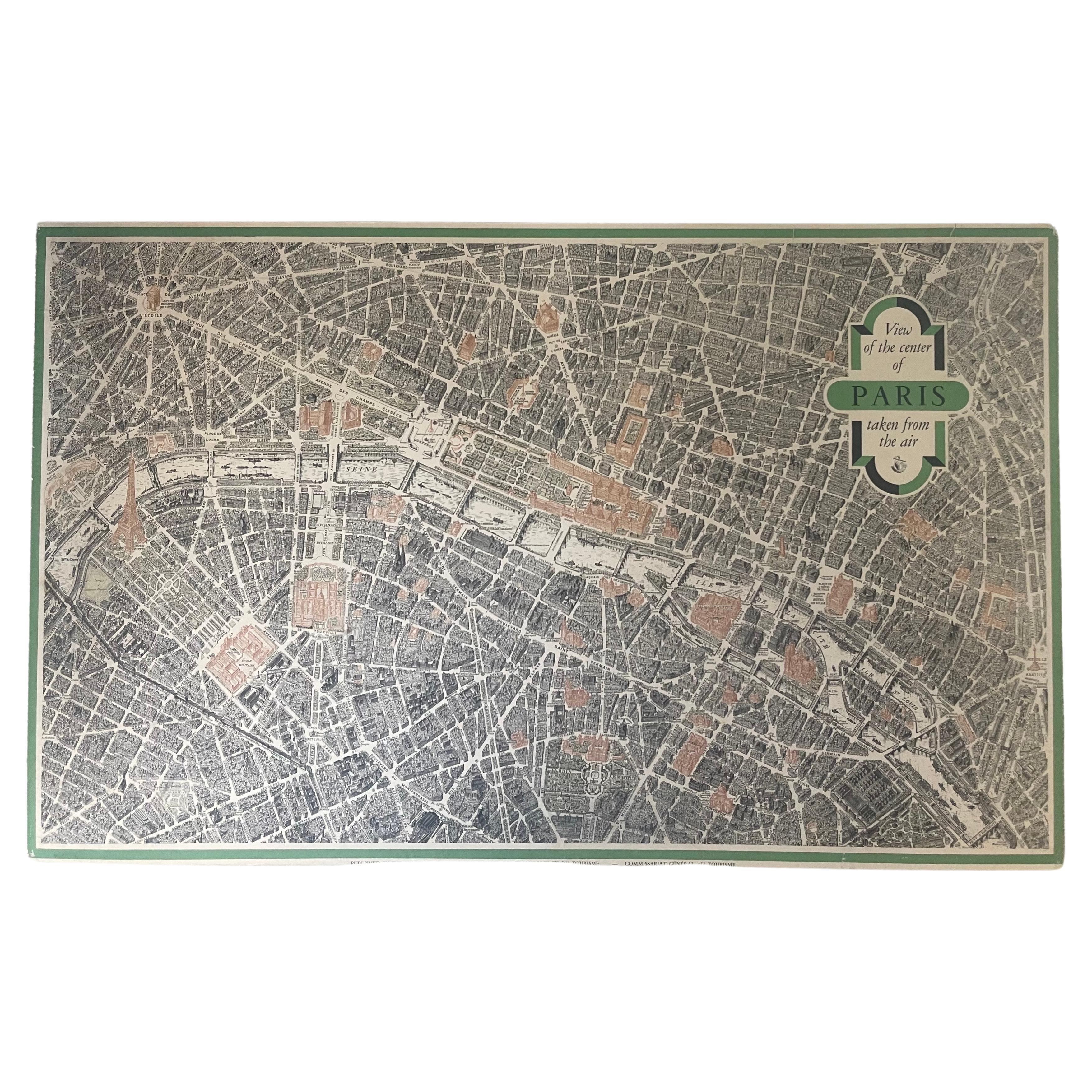 Vintage "View of the Center of Paris Taken from the Air" Lithograph Map For Sale