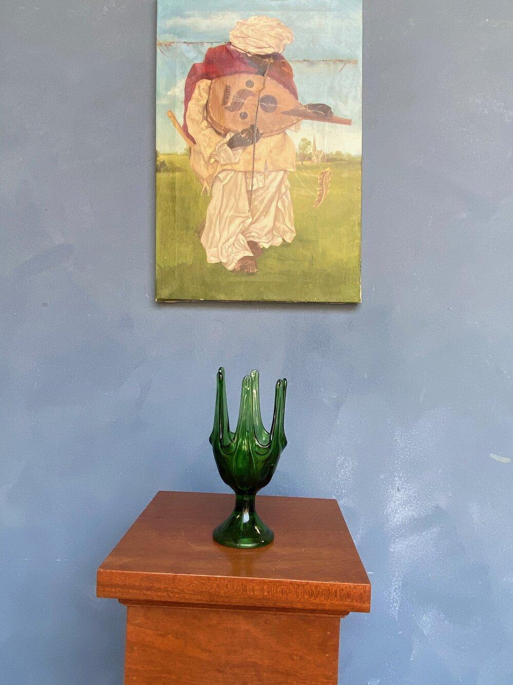 Art Glass Vintage Viking Glass Footed Handkerchief Vase in Green