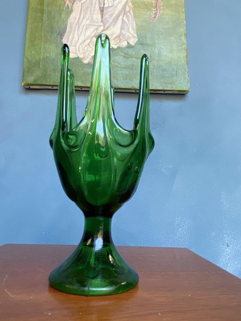 Mid-20th Century Vintage Viking Glass Footed Handkerchief Vase in Green