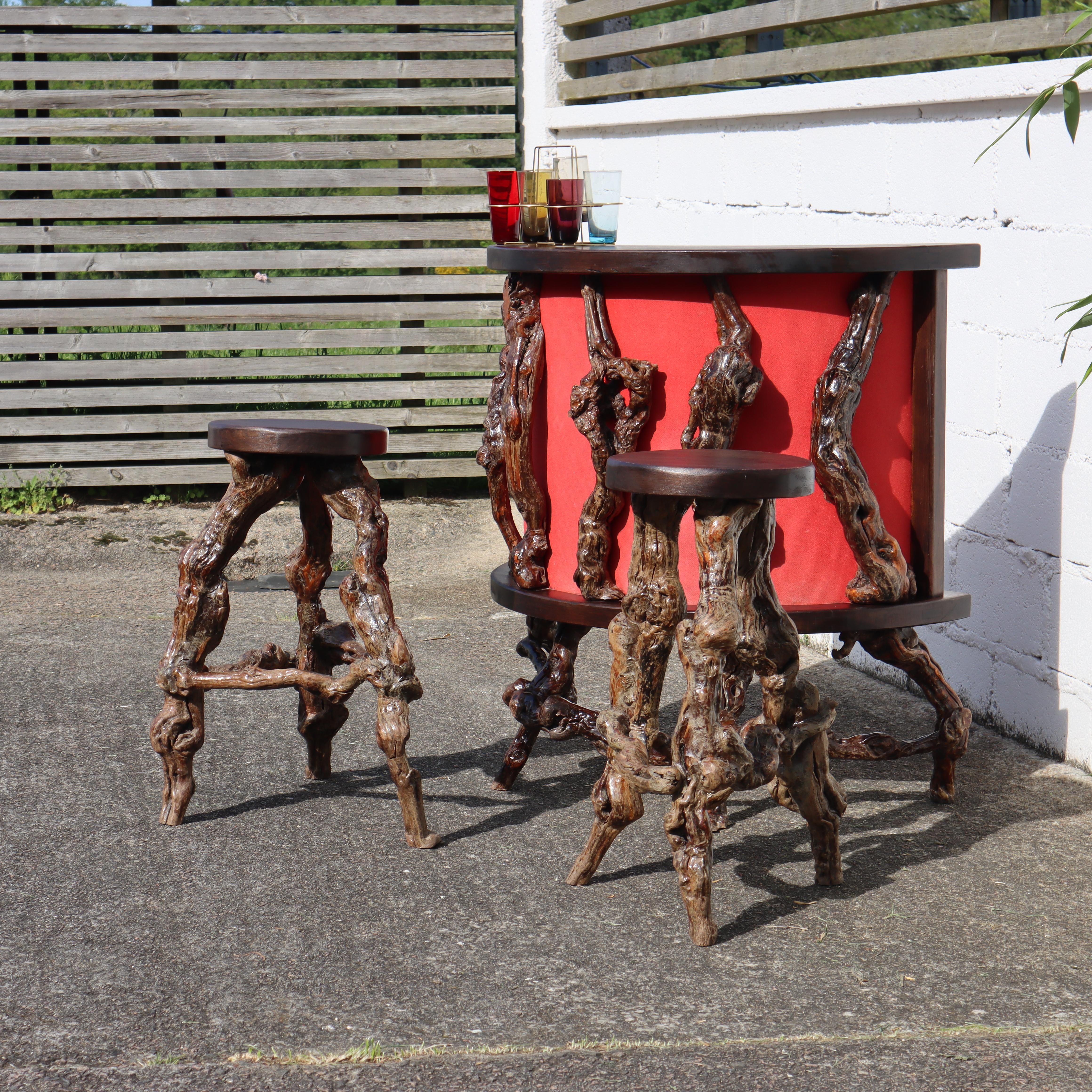 Vintage Vine Wood Branch Bar Ensemble-1 Bar-2 Bar Stools large Wall Shelf For Sale 11