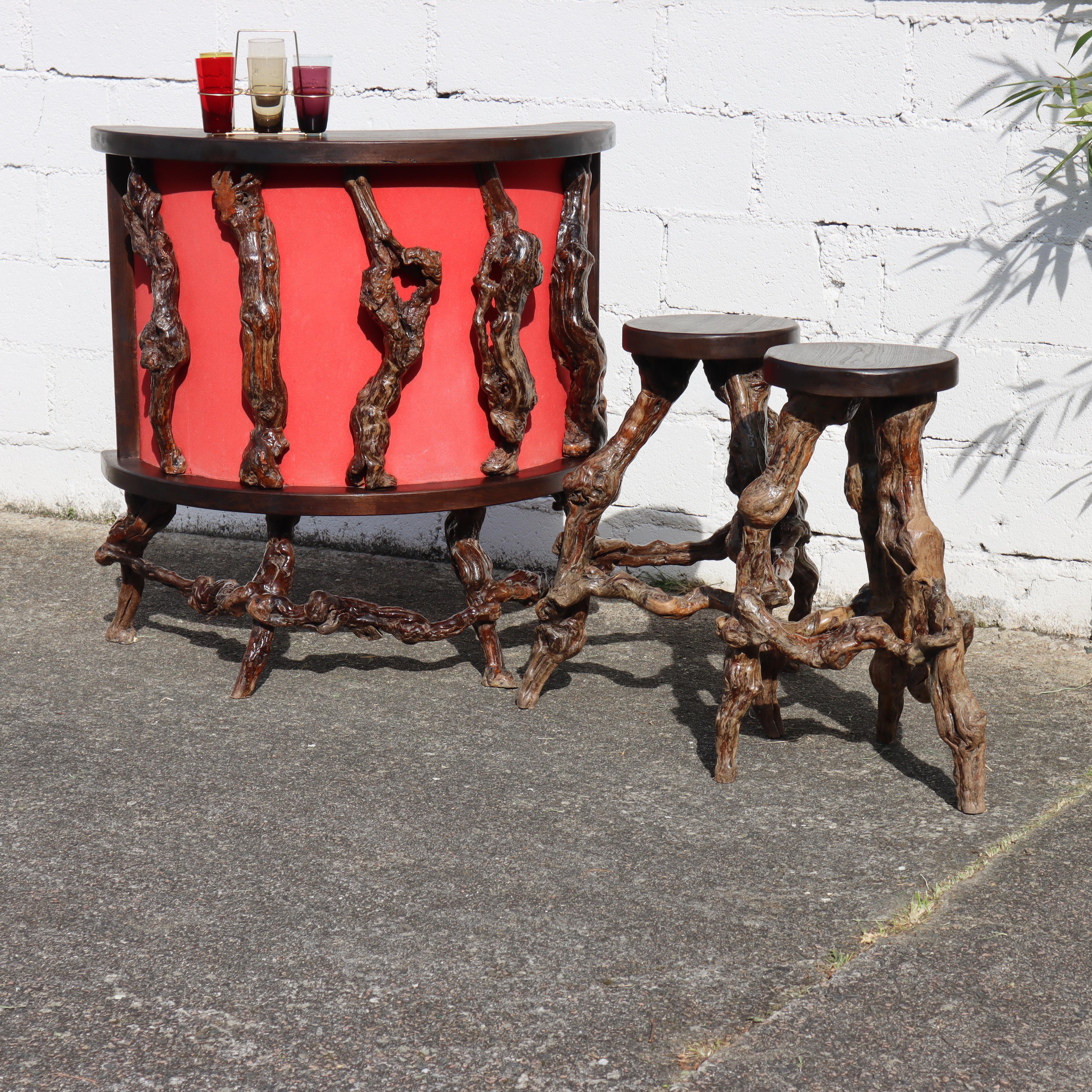 Vintage Vine Wood Branch Bar Ensemble-1 Bar-2 Bar Stools large Wall Shelf For Sale 12