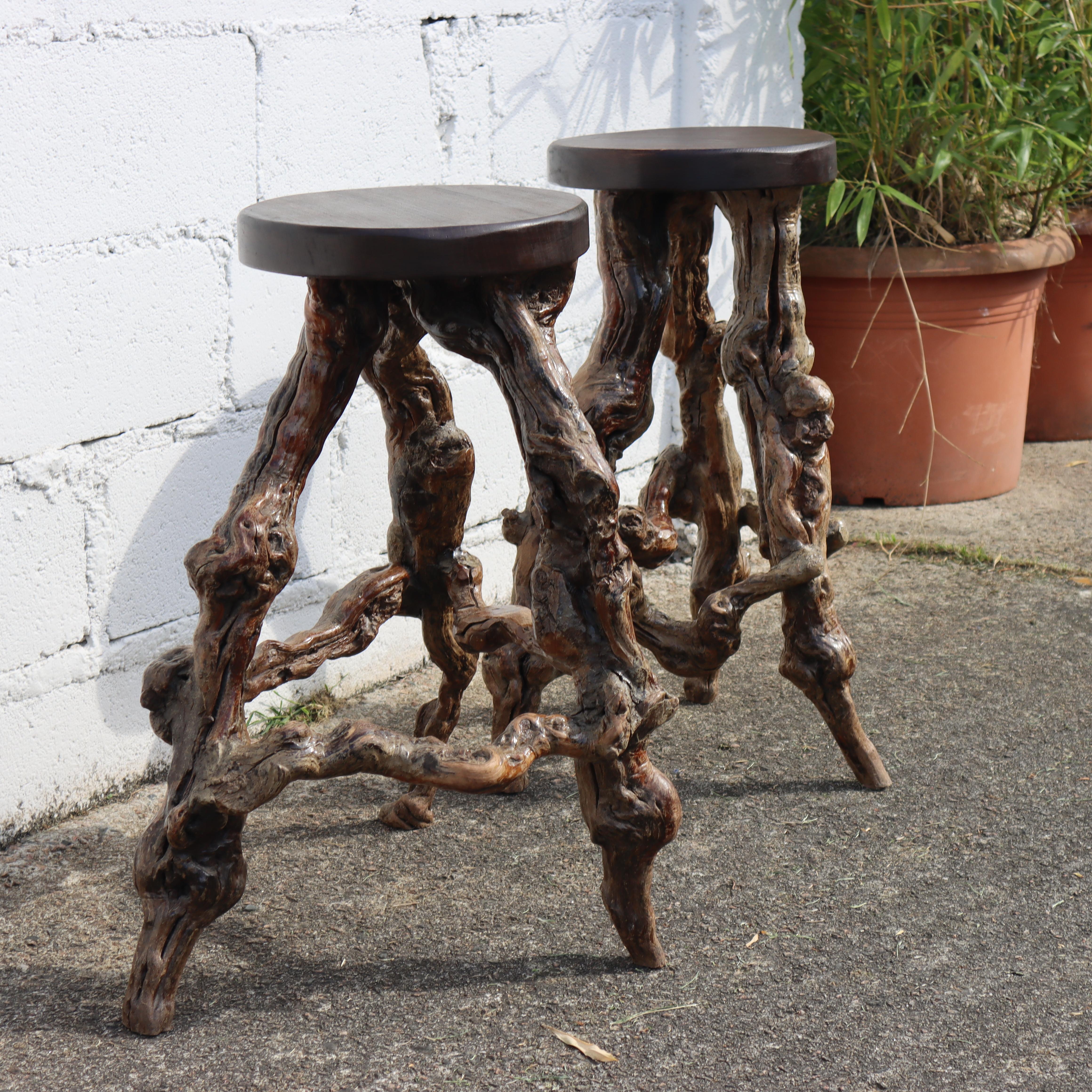 Mid-20th Century Vintage Vine Wood Branch Bar Ensemble-1 Bar-2 Bar Stools large Wall Shelf For Sale