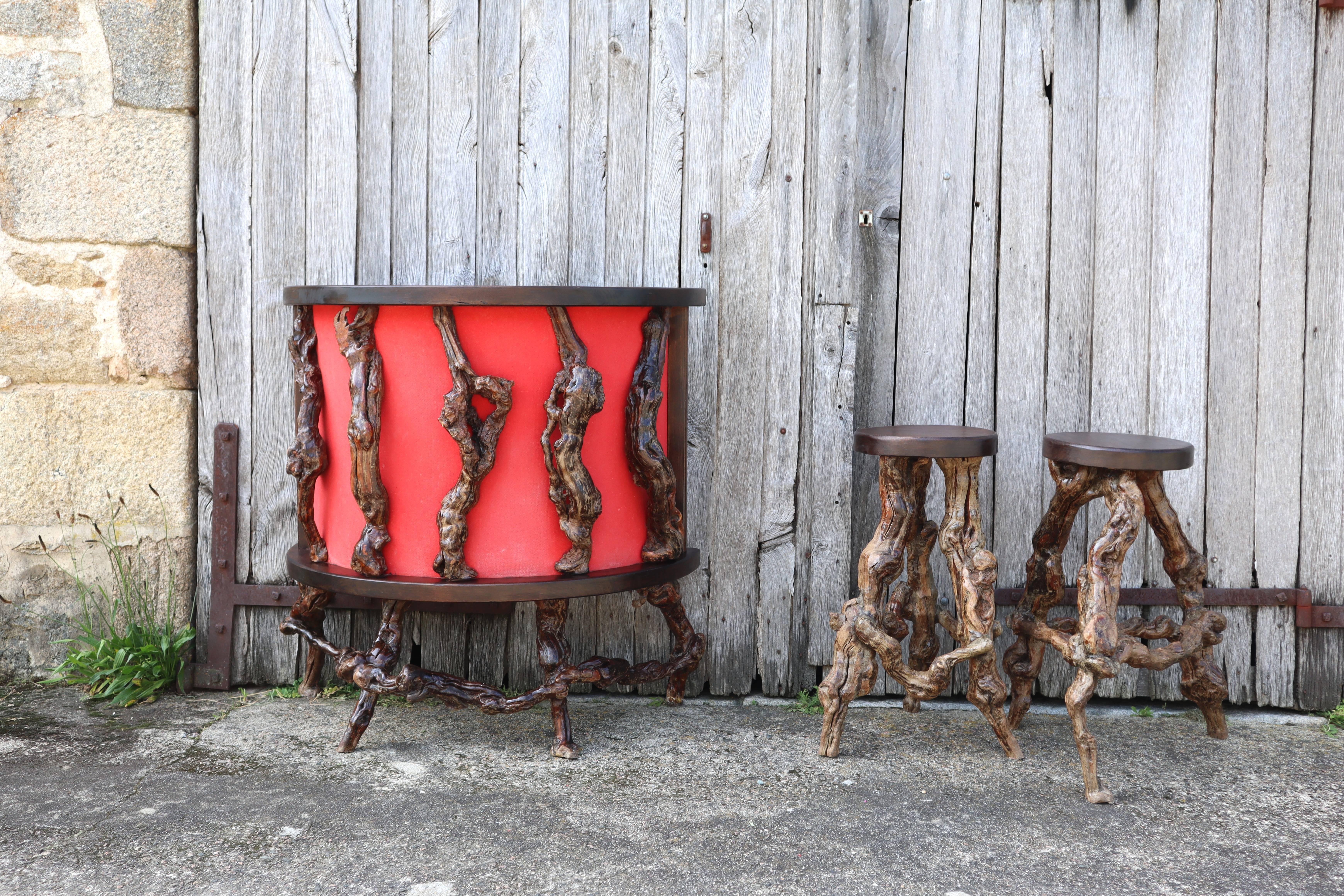 Vintage Vine Wood Branch Bar Ensemble-1 Bar-2 Bar Stools large Wall Shelf For Sale 2