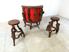 Vintage vine wood branch bar with stools, 1950s