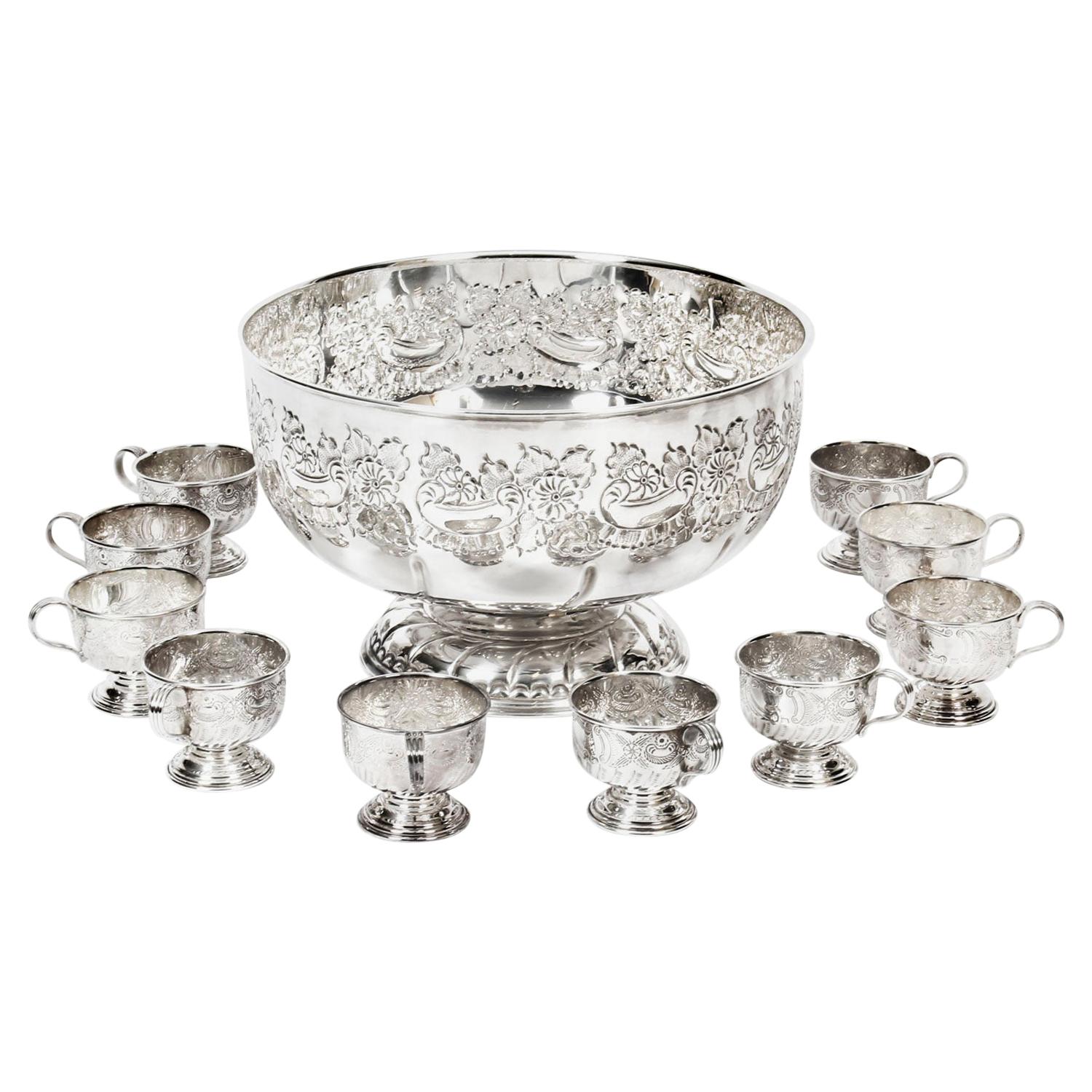 Vintage Viners of Sheffield Punch Bowl Set with 12 Cups, Mid-20th Century