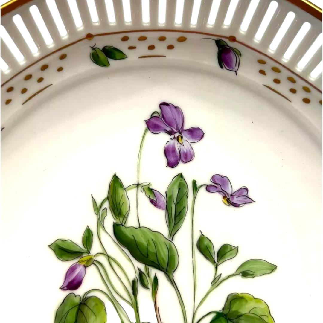 Danish Vintage “Viola Riviniana” Hand Painted Reticulated Porcelain Bowl w/Gold Trim For Sale
