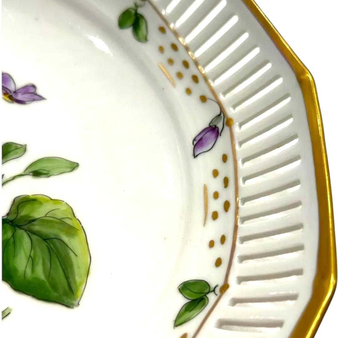 20th Century Vintage “Viola Riviniana” Hand Painted Reticulated Porcelain Bowl w/Gold Trim For Sale