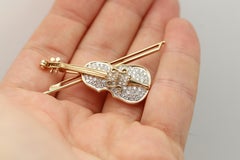 Vintage Violin Brooch Pin 14k Gold Diamond - Circa 1970's