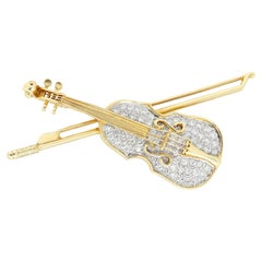 Vintage Violin Brooch Pin 14k Gold Diamond - Circa 1970's