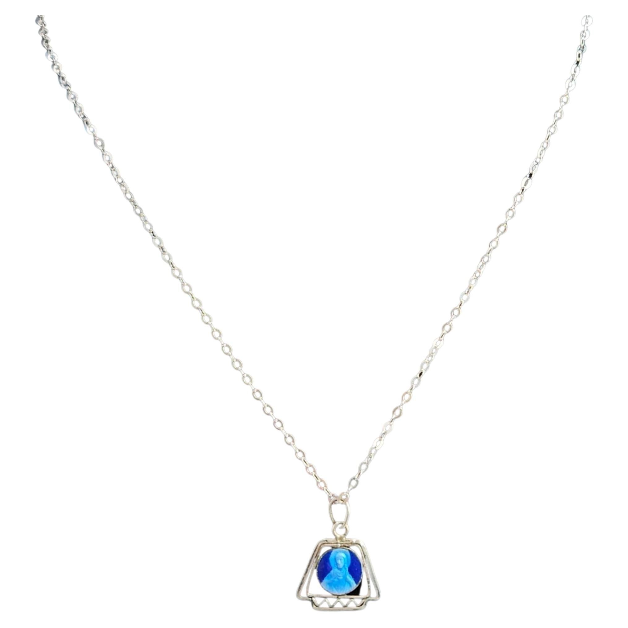 Vintage Virgin Mary Pendant Silvertone Necklace For Sale