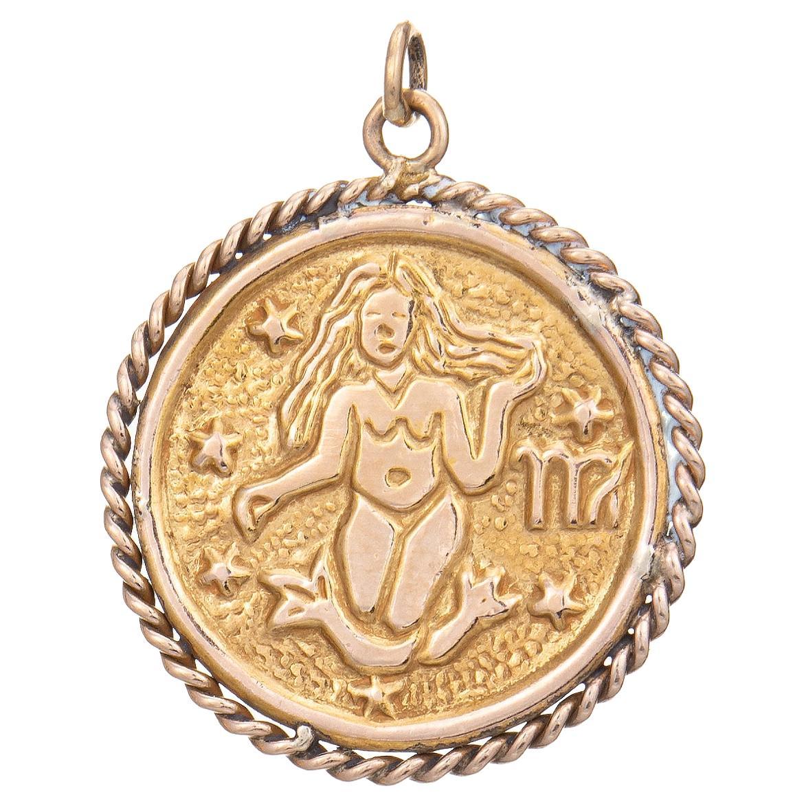 Vintage Virgo Medallion Pendant 14k Yellow Gold Zodiac Round Charm Jewelry  For Sale