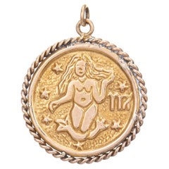 Pendentif Médaillon Vierge Vintage Or Jaune 14k Zodiac Round Charm Jewelry 