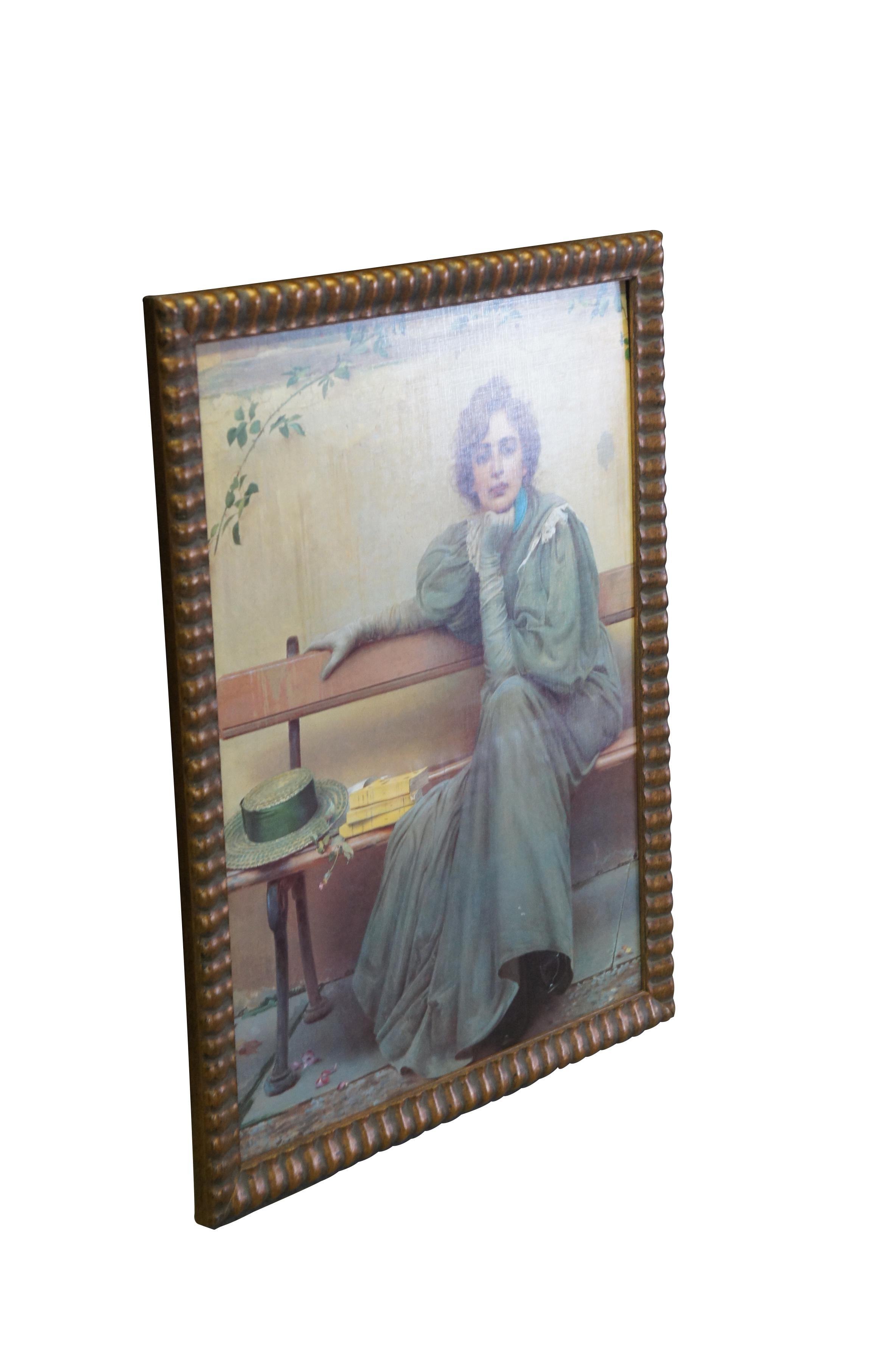 Vintage framed print on board of Dreams by Vittorio Matteo Corcos, originally painted in 1896.  Features a woman in Victorian attire sitting on a bench next to her books and hat, dreaming / stairing into the distance. 

Vittorio Matteo Corcos (4