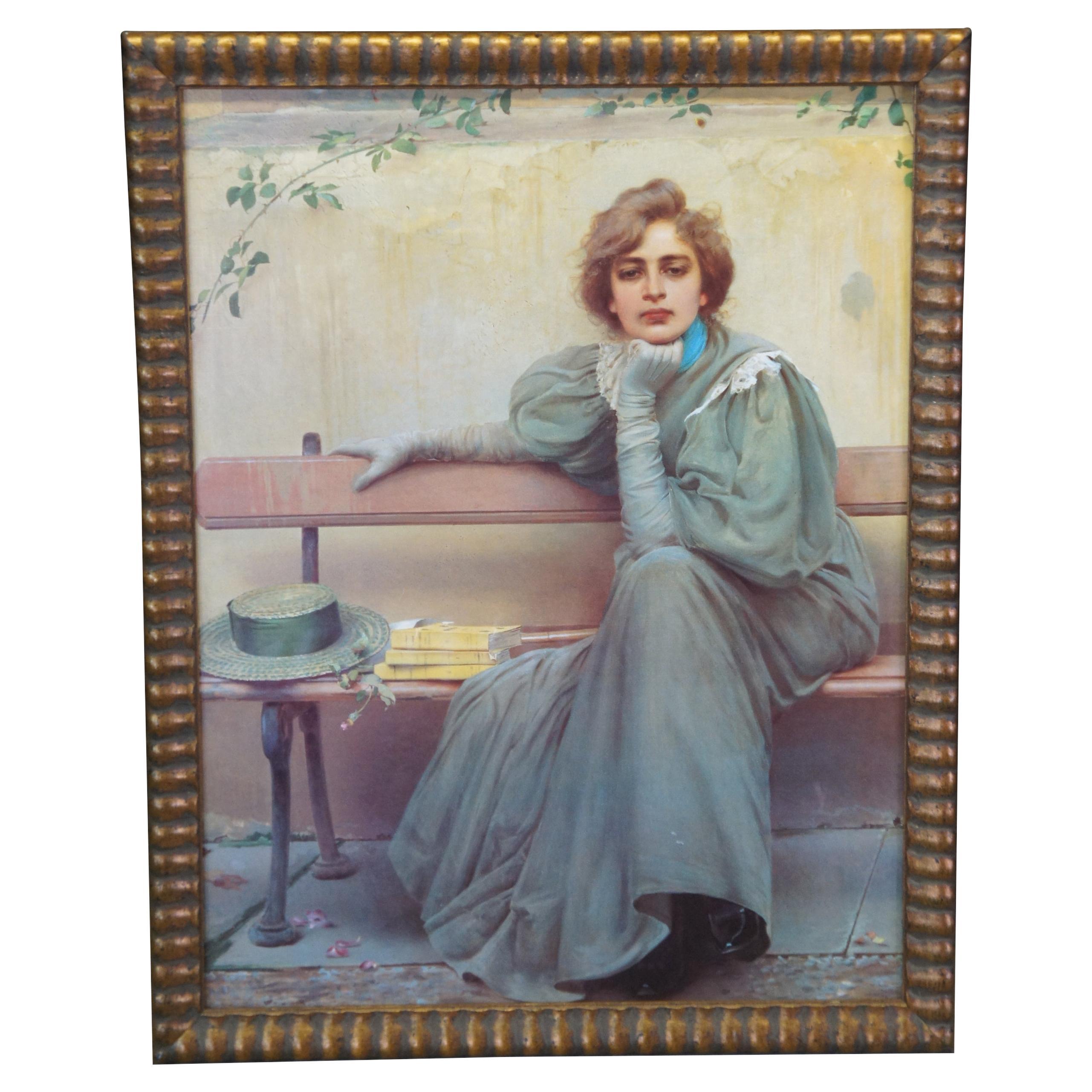Vintage Vittorio Matteo Corcos Dreams Woman on Bench Print on Board 30" For Sale