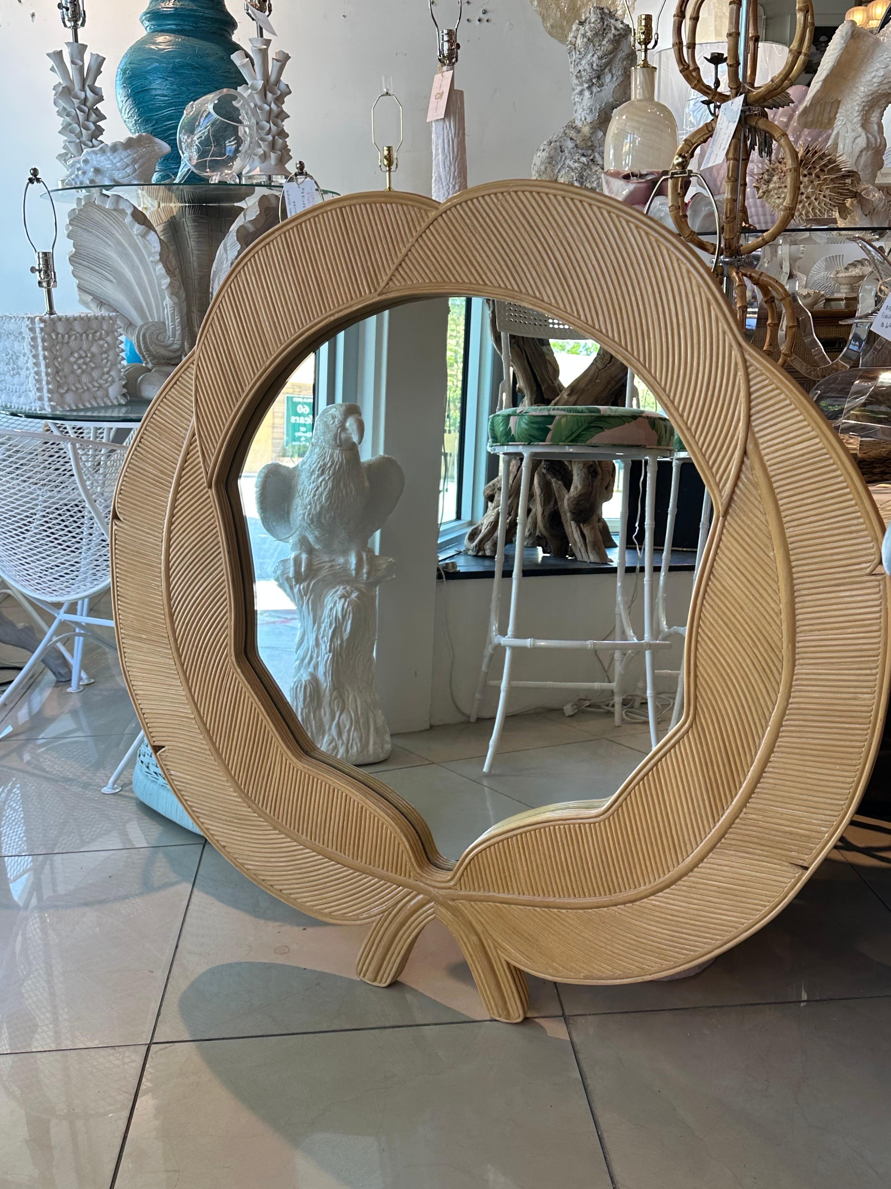 Late 20th Century Vintage Vivai Del Sud Pencil Reed Rattan Bamboo Leaves Leaf Wall Mirror  For Sale