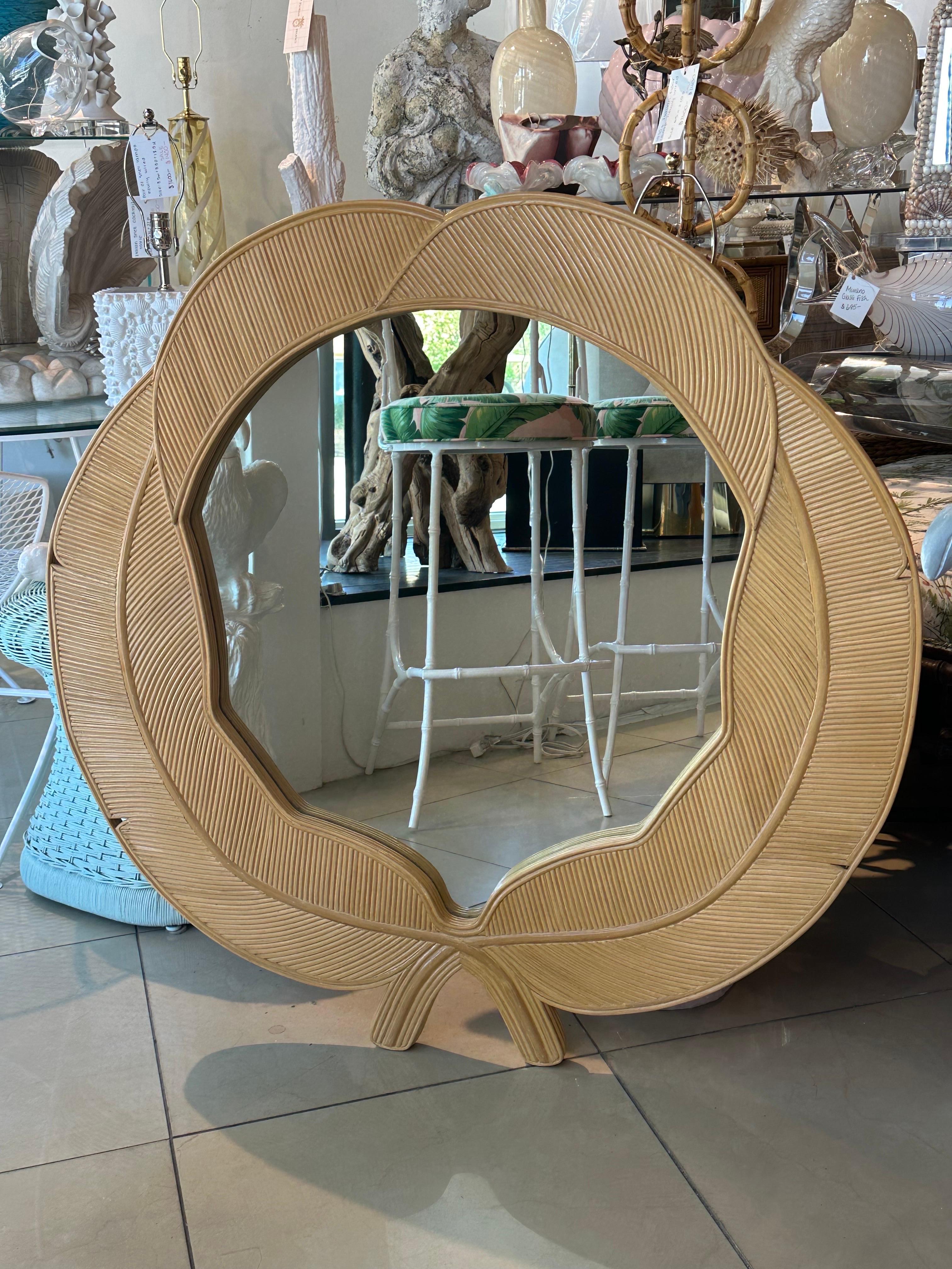 Vintage Vivai Del Sud Pencil Reed Rattan Bamboo Leaves Leaf Wall Mirror  For Sale 1
