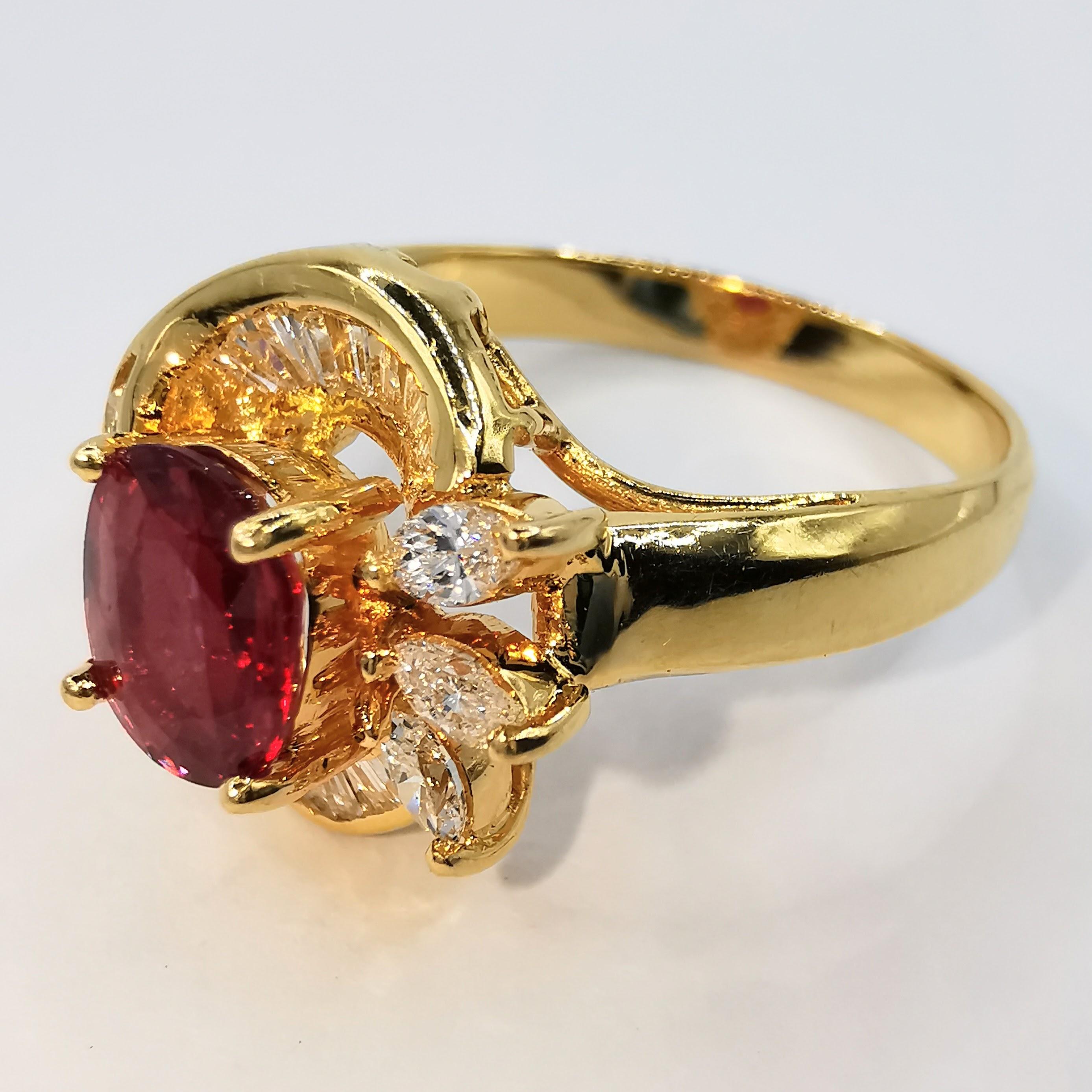 Contemporary Vintage Vivid Red Oval Cut Ruby & Mixed Cut Diamond Ring in 20K Yellow Gold For Sale