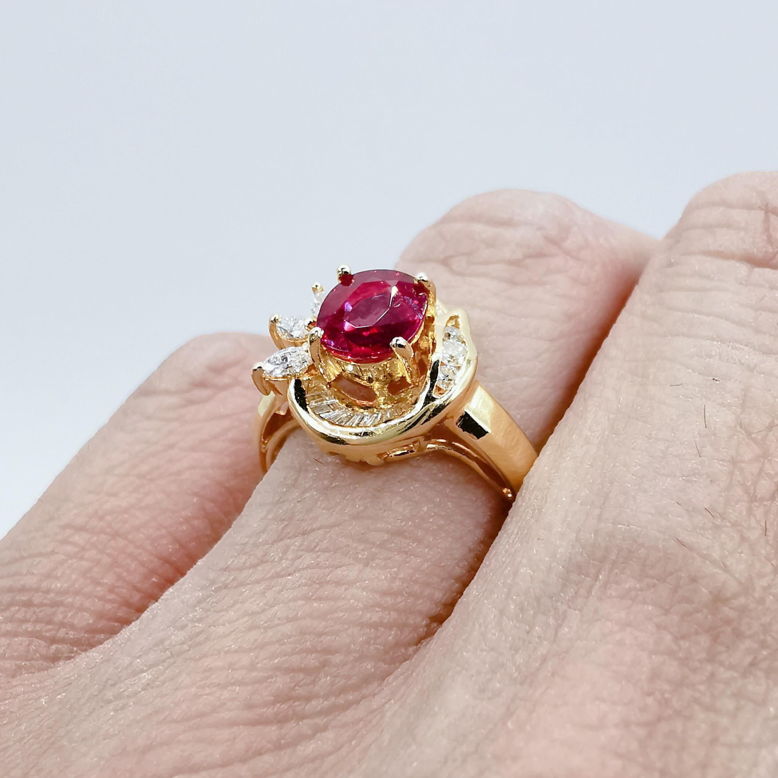 Vintage Vivid Red Oval Cut Ruby & Mixed Cut Diamond Ring in 20K Yellow Gold For Sale 4